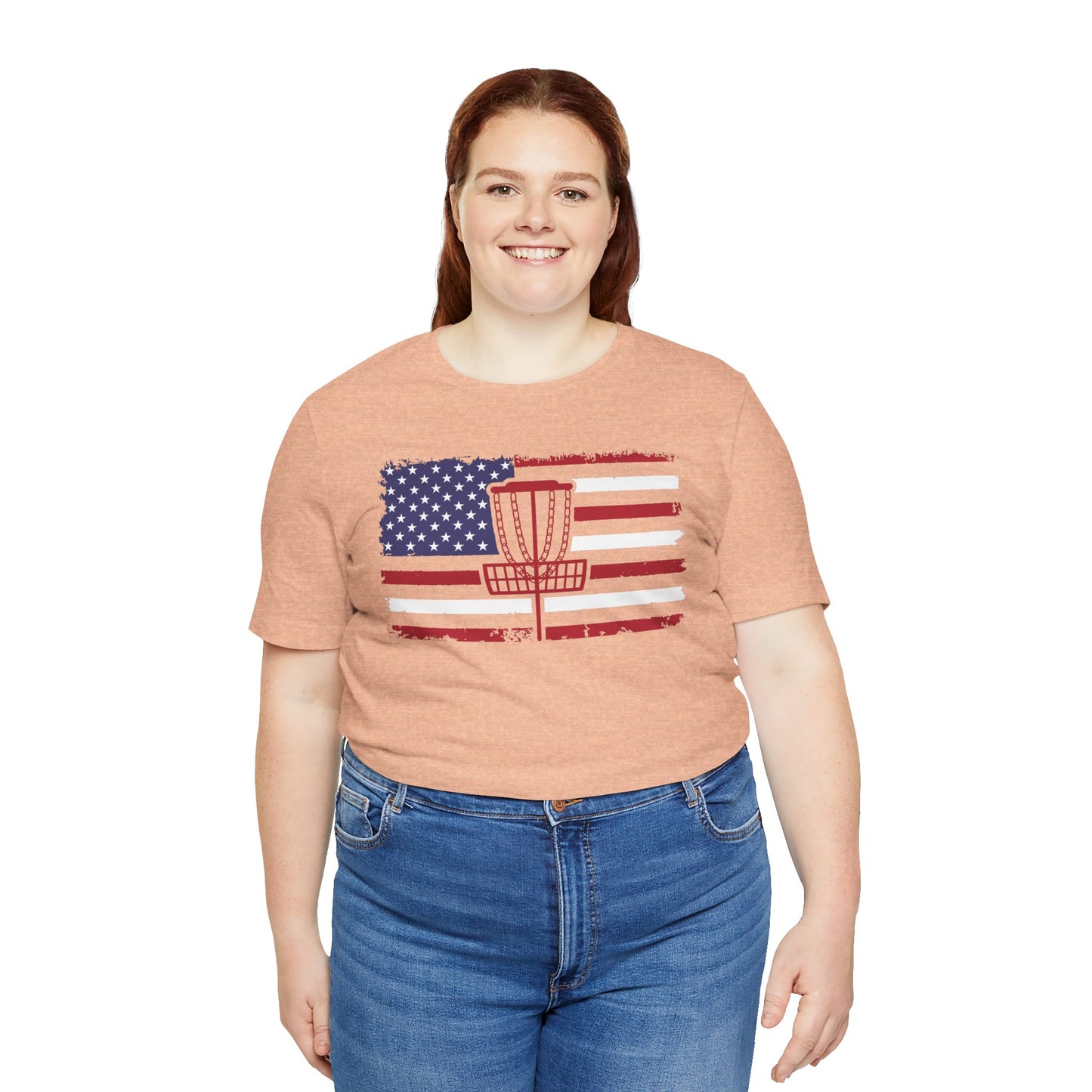 Patriotic Disc Golf Tee, Red Basket, Unisex Jersey Tee, USA Flag Design