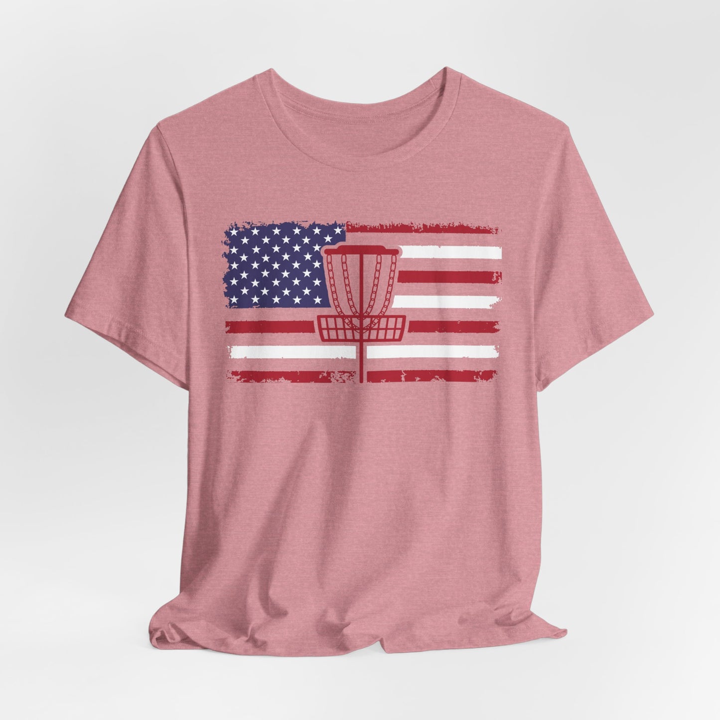 Patriotic Disc Golf Tee, Red Basket, Unisex Jersey Tee, USA Flag Design