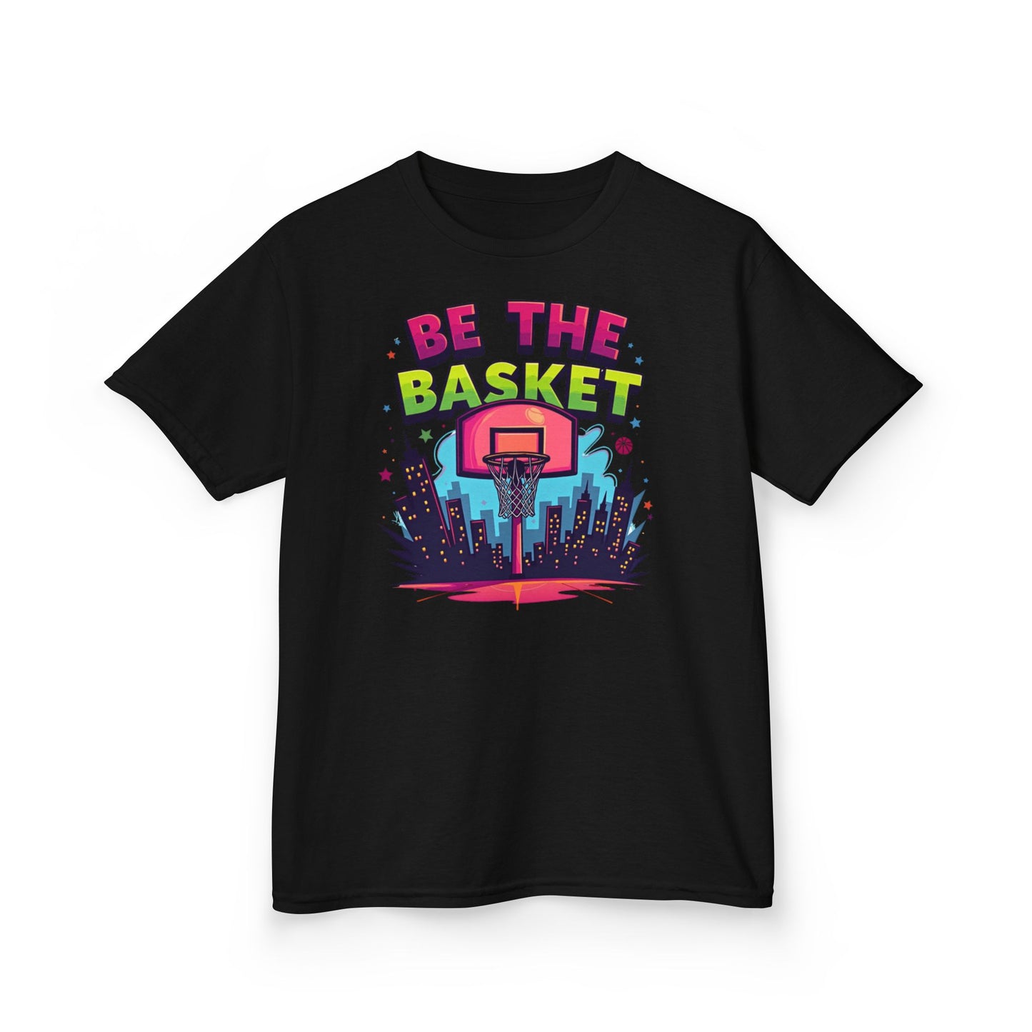 BE THE BASKET Kids Basketball Cityscape Design T-Shirt. Unisex Basketball Shirt