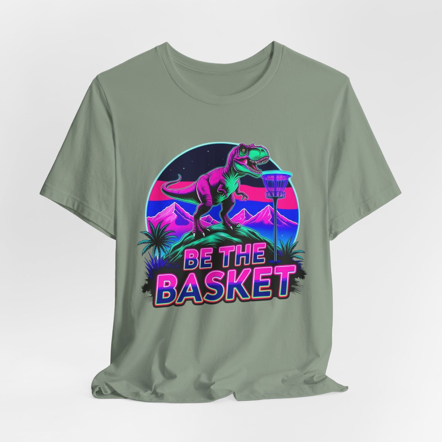 BE THE BASKET Neon T-REx Disc Golf Shirt, Unisex Disc Golf T-Shirt