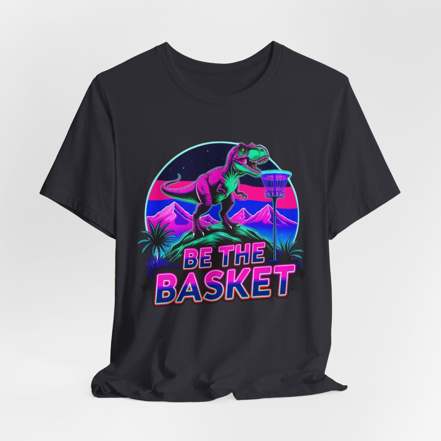BE THE BASKET Neon T-REx Disc Golf Shirt, Unisex Disc Golf T-Shirt