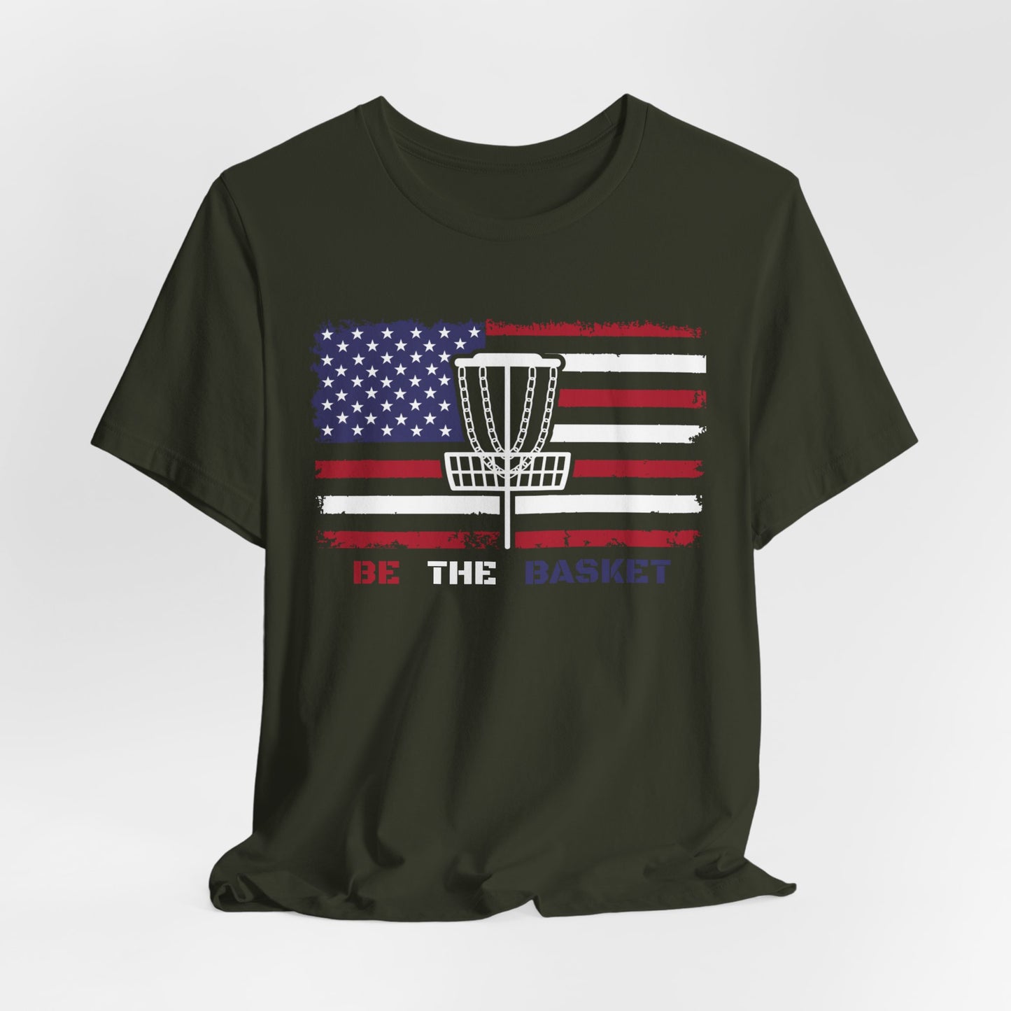 BE THE BASKET Patriotic Disc Golf Unisex T-Shirt, White Basket Design, Disc Golf Shirt