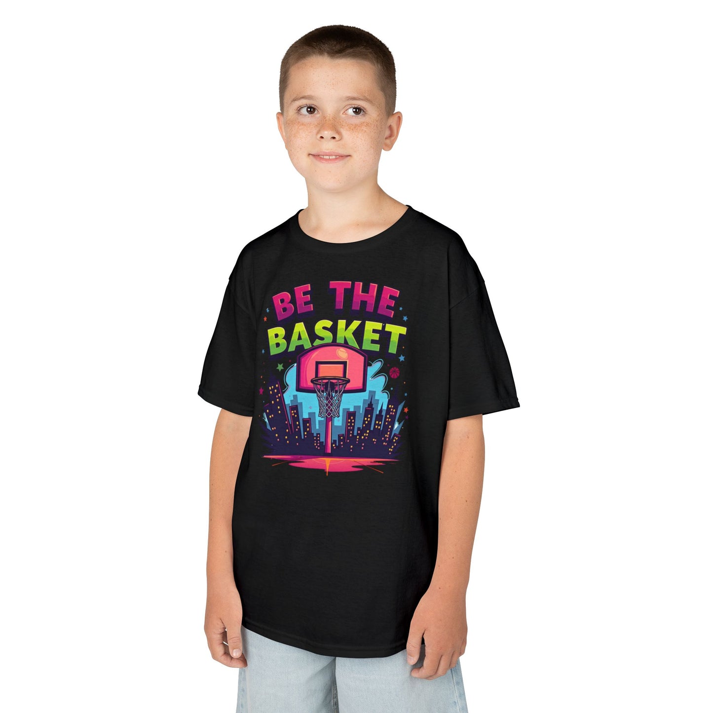 BE THE BASKET Kids Basketball Cityscape Design T-Shirt. Unisex Basketball Shirt