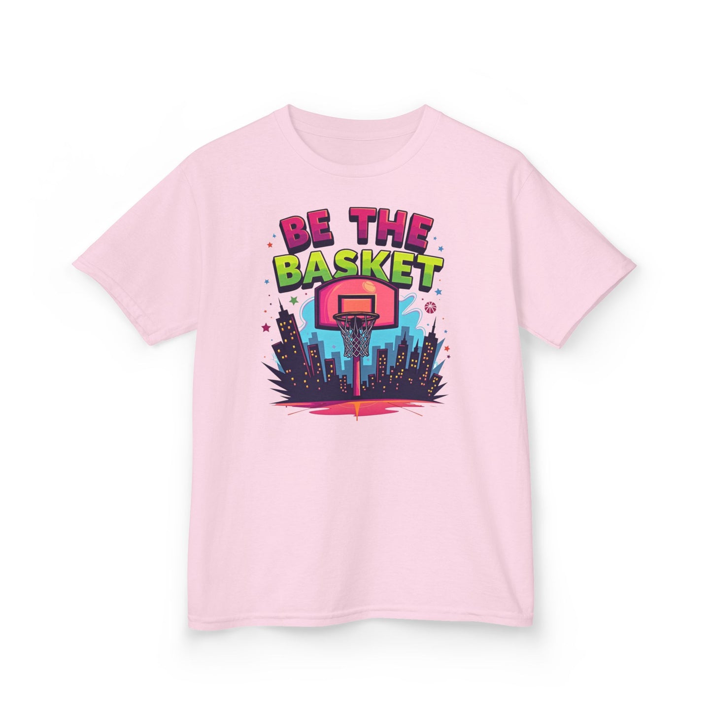 BE THE BASKET Kids Basketball Cityscape Design T-Shirt. Unisex Basketball Shirt