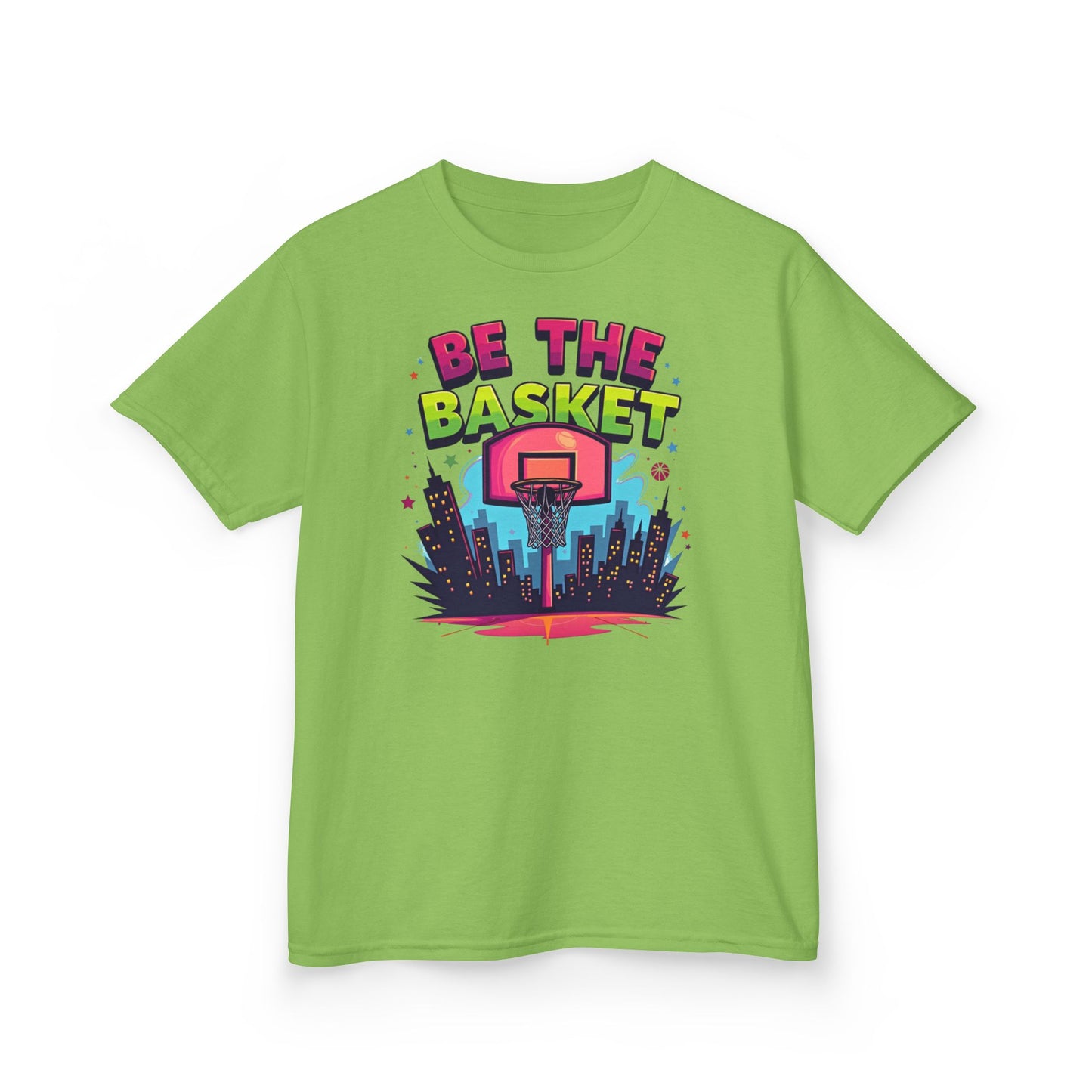BE THE BASKET Kids Basketball Cityscape Design T-Shirt. Unisex Basketball Shirt