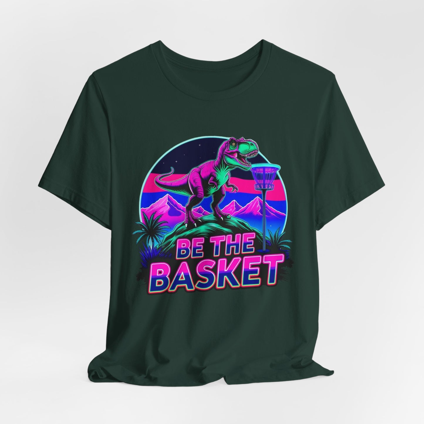 BE THE BASKET Neon T-REx Disc Golf Shirt, Unisex Disc Golf T-Shirt