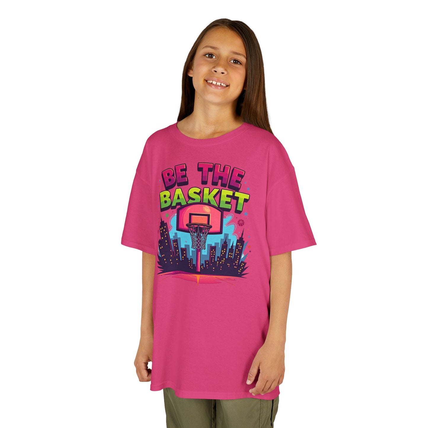 BE THE BASKET Kids Basketball Cityscape Design T-Shirt. Unisex Basketball Shirt