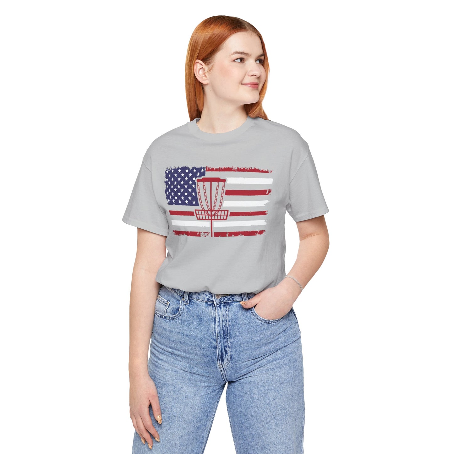 Patriotic Disc Golf Tee, Red Basket, Unisex Jersey Tee, USA Flag Design