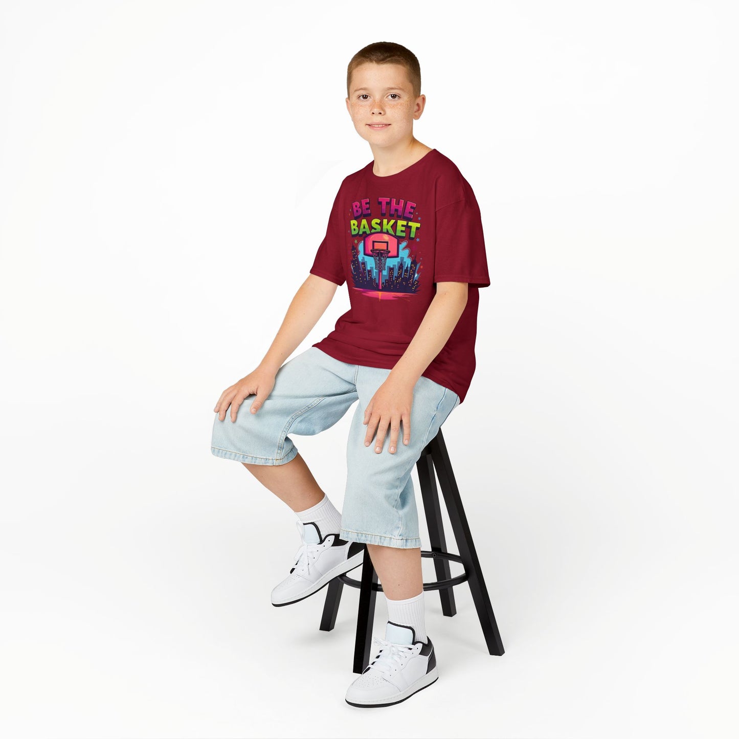 BE THE BASKET Kids Basketball Cityscape Design T-Shirt. Unisex Basketball Shirt