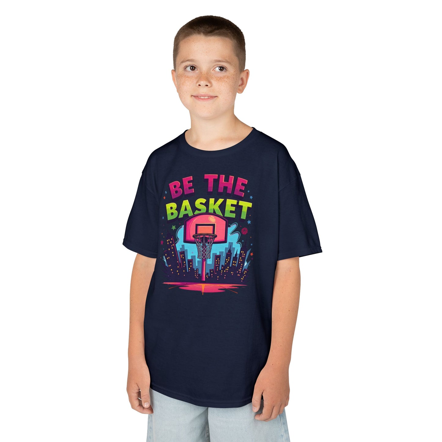 BE THE BASKET Kids Basketball Cityscape Design T-Shirt. Unisex Basketball Shirt