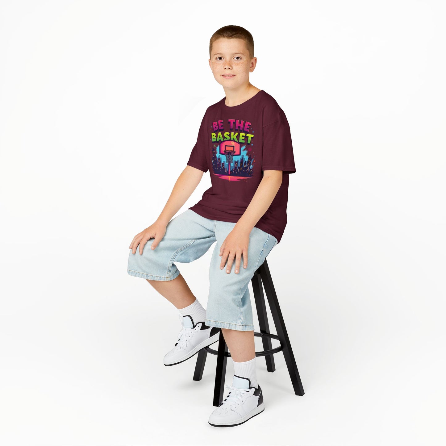 BE THE BASKET Kids Basketball Cityscape Design T-Shirt. Unisex Basketball Shirt