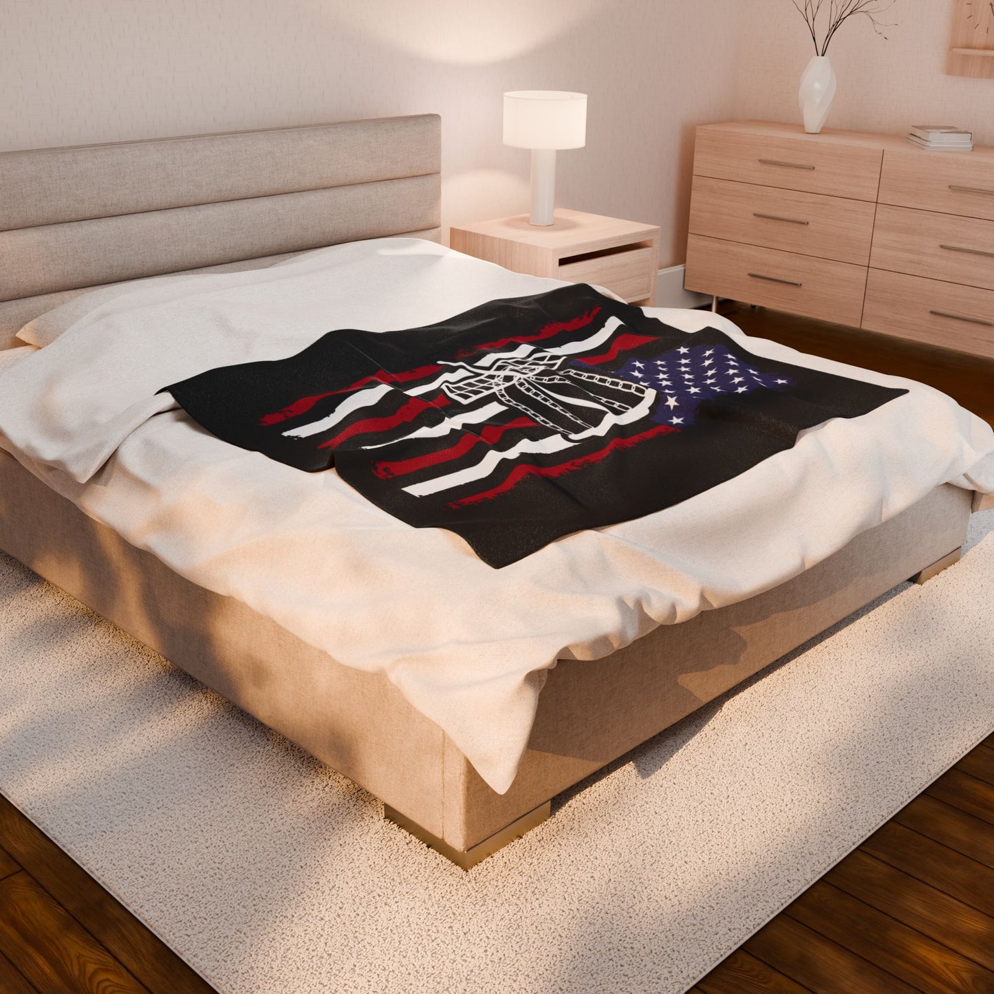 PATRIOTIC DISC GOLF Velveteen Plush Blanket, White Basket Design, Disc Golf Blanket