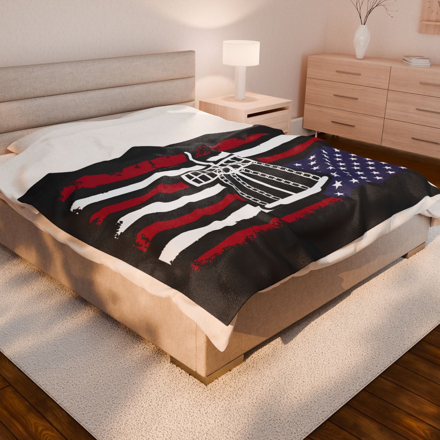 PATRIOTIC DISC GOLF Velveteen Plush Blanket, White Basket Design, Disc Golf Blanket