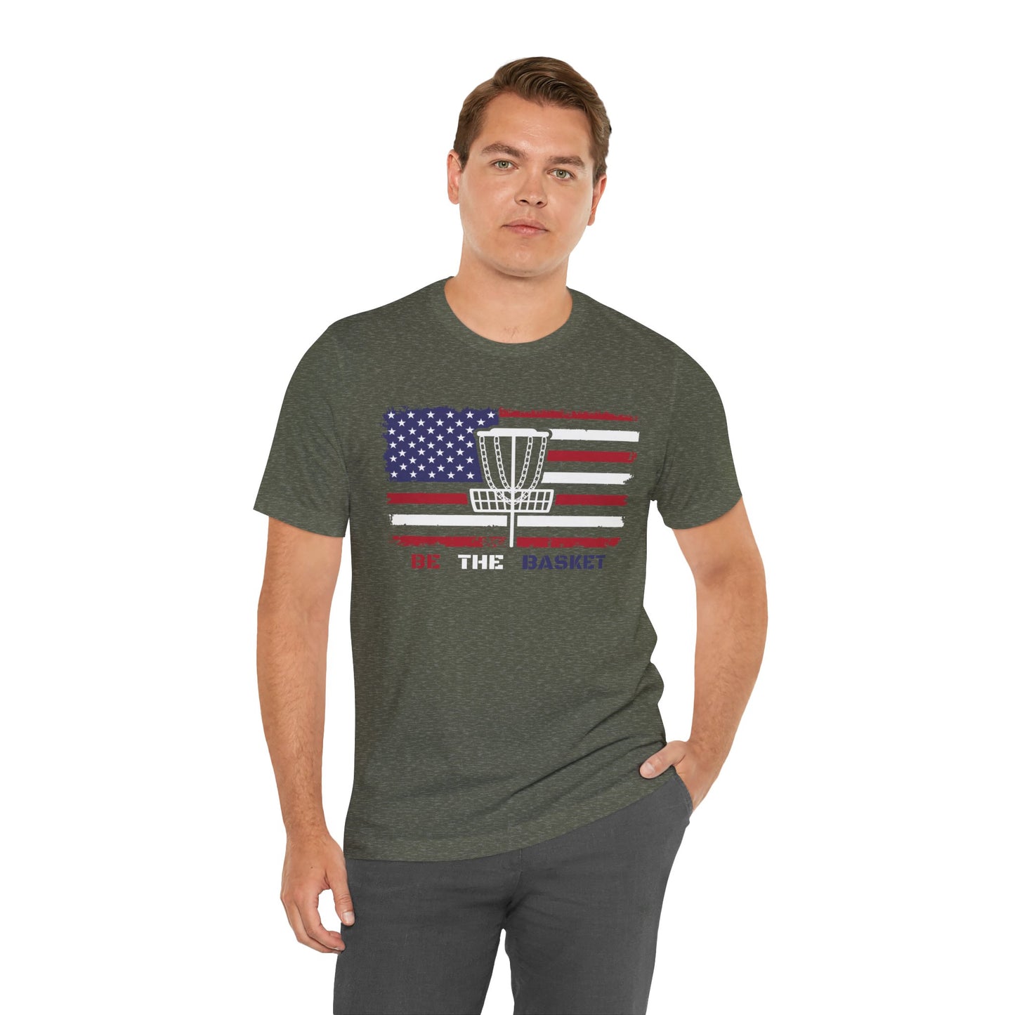 BE THE BASKET Patriotic Disc Golf Unisex T-Shirt, White Basket Design, Disc Golf Shirt