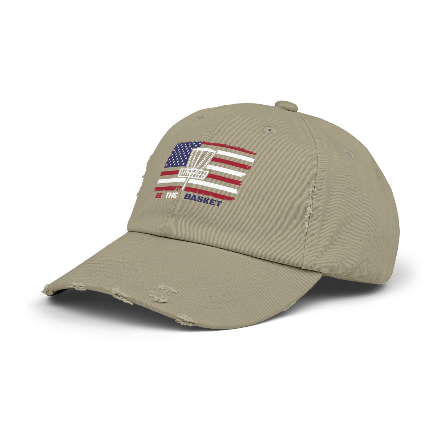 BE THE BASKET Patriotic Distressed Unisex Baseball Hat, White Basket Design, Disc Golf Hat