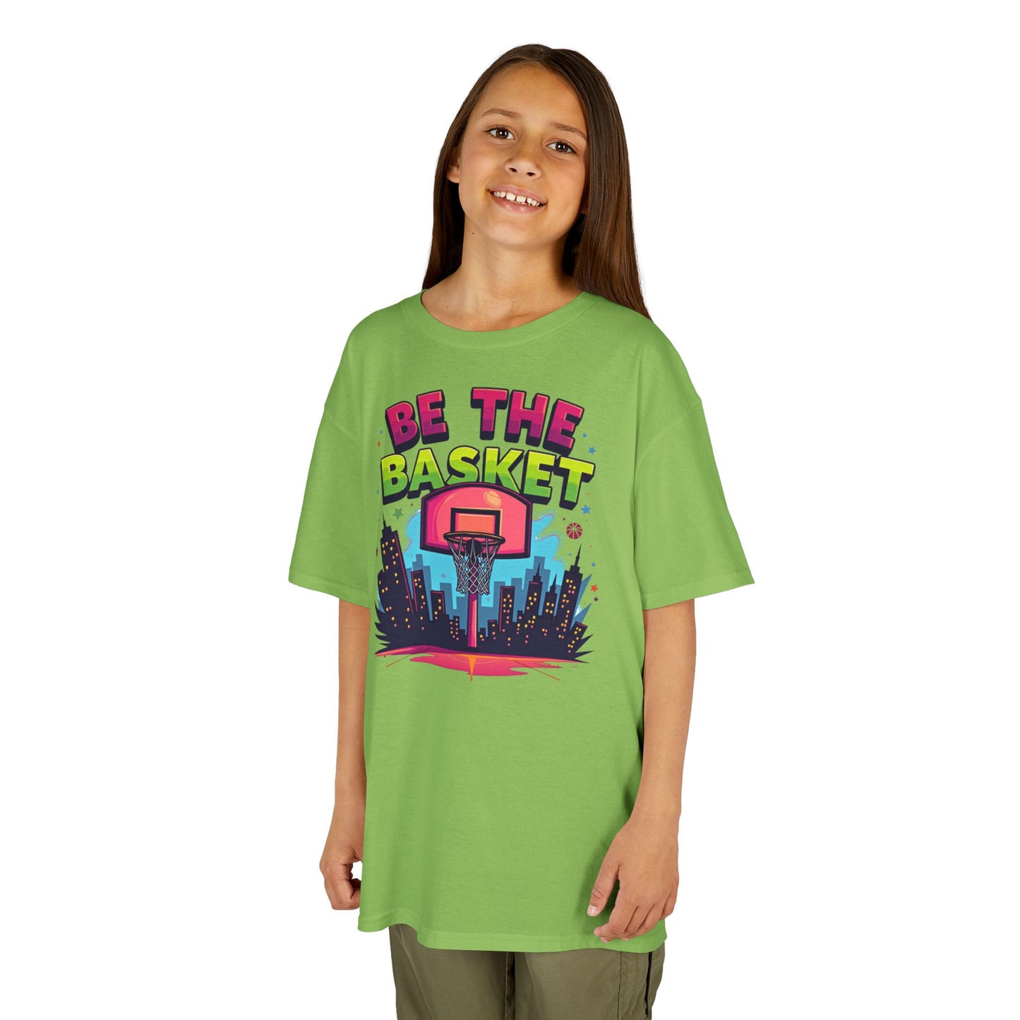 BE THE BASKET Kids Basketball Cityscape Design T-Shirt. Unisex Basketball Shirt