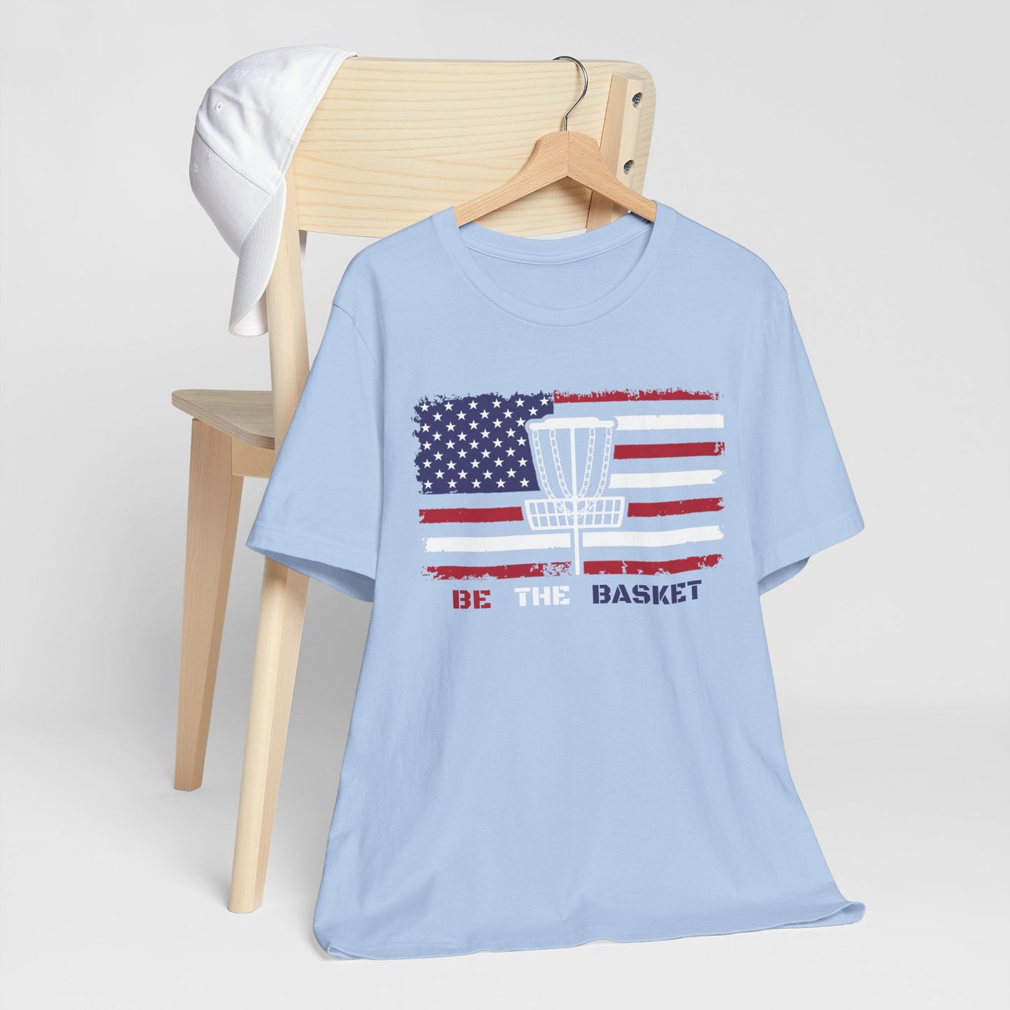 BE THE BASKET Patriotic Disc Golf Unisex T-Shirt, White Basket Design, Disc Golf Shirt