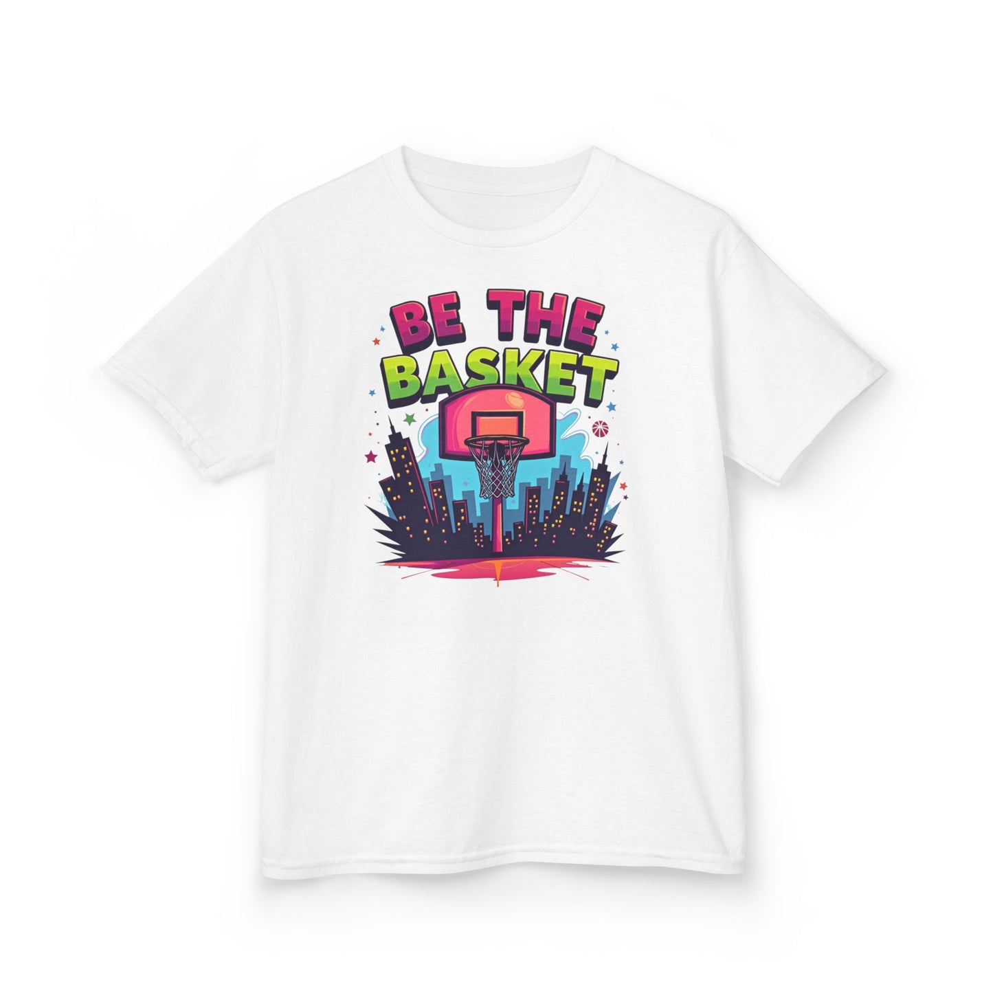 BE THE BASKET Kids Basketball Cityscape Design T-Shirt. Unisex Basketball Shirt