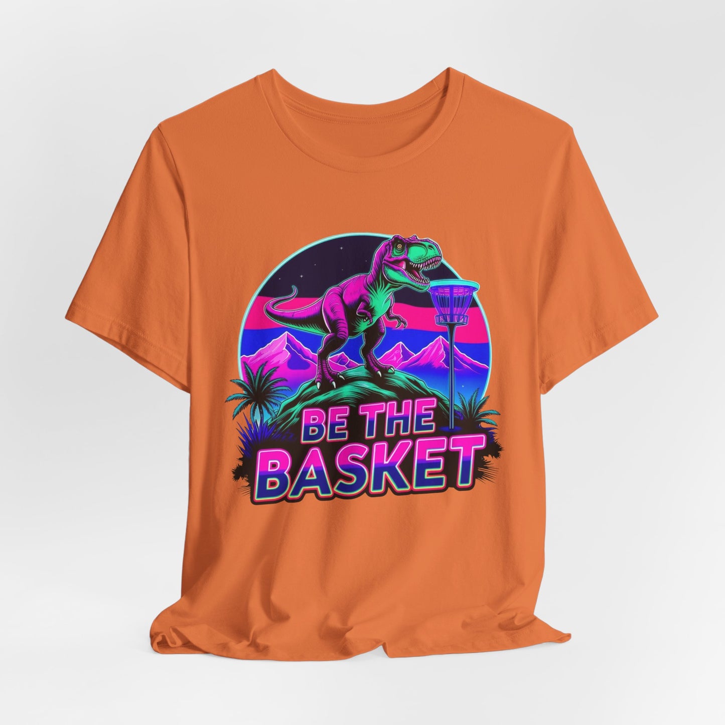 BE THE BASKET Neon T-REx Disc Golf Shirt, Unisex Disc Golf T-Shirt