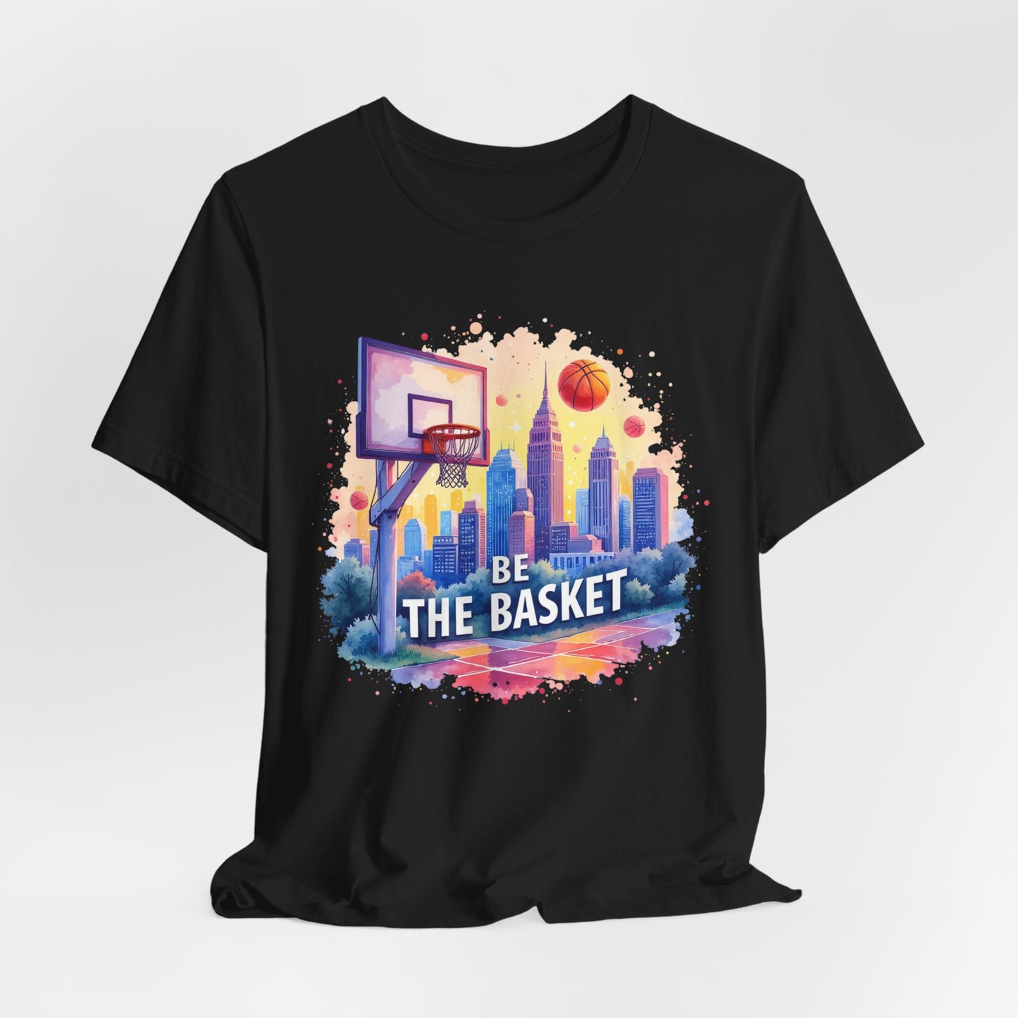 BE THE BASKET Basketball Goal Skyline Watercolor 1, Basketball Unisex T-Shirt