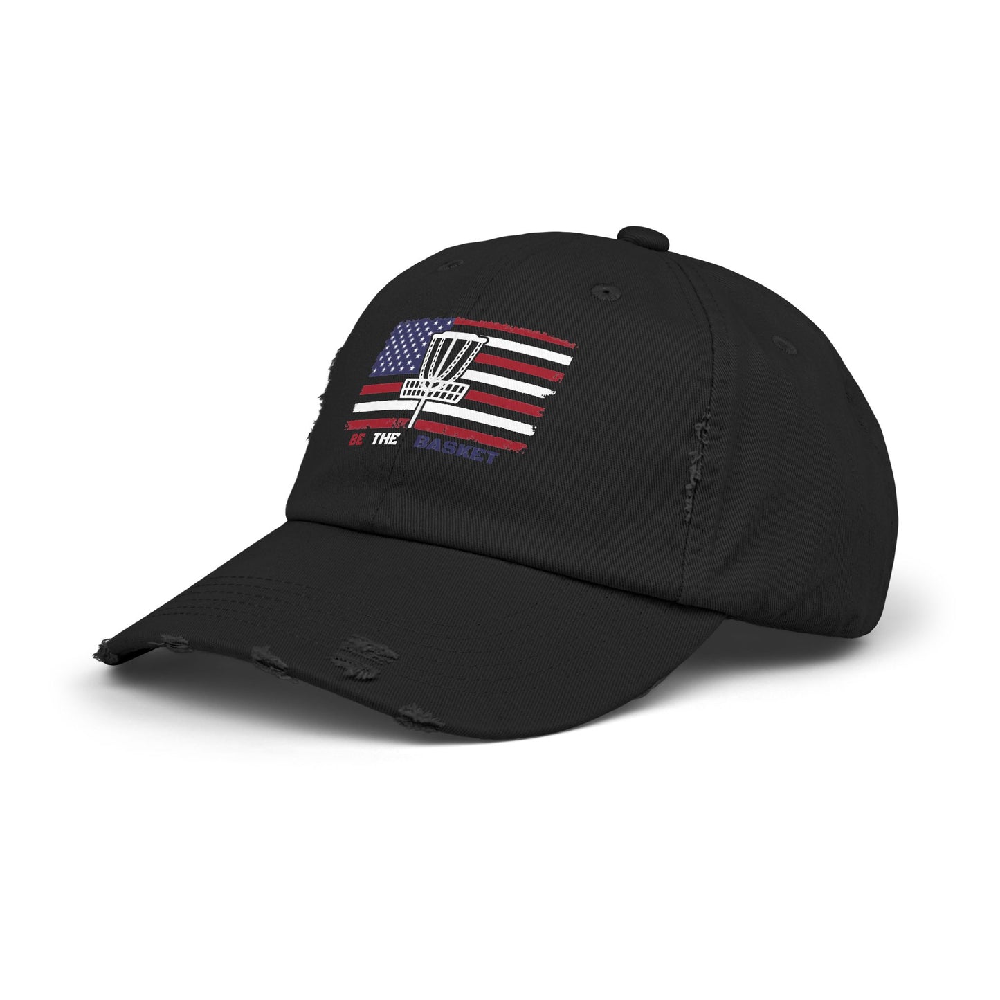 BE THE BASKET Patriotic Distressed Unisex Baseball Hat, White Basket Design, Disc Golf Hat