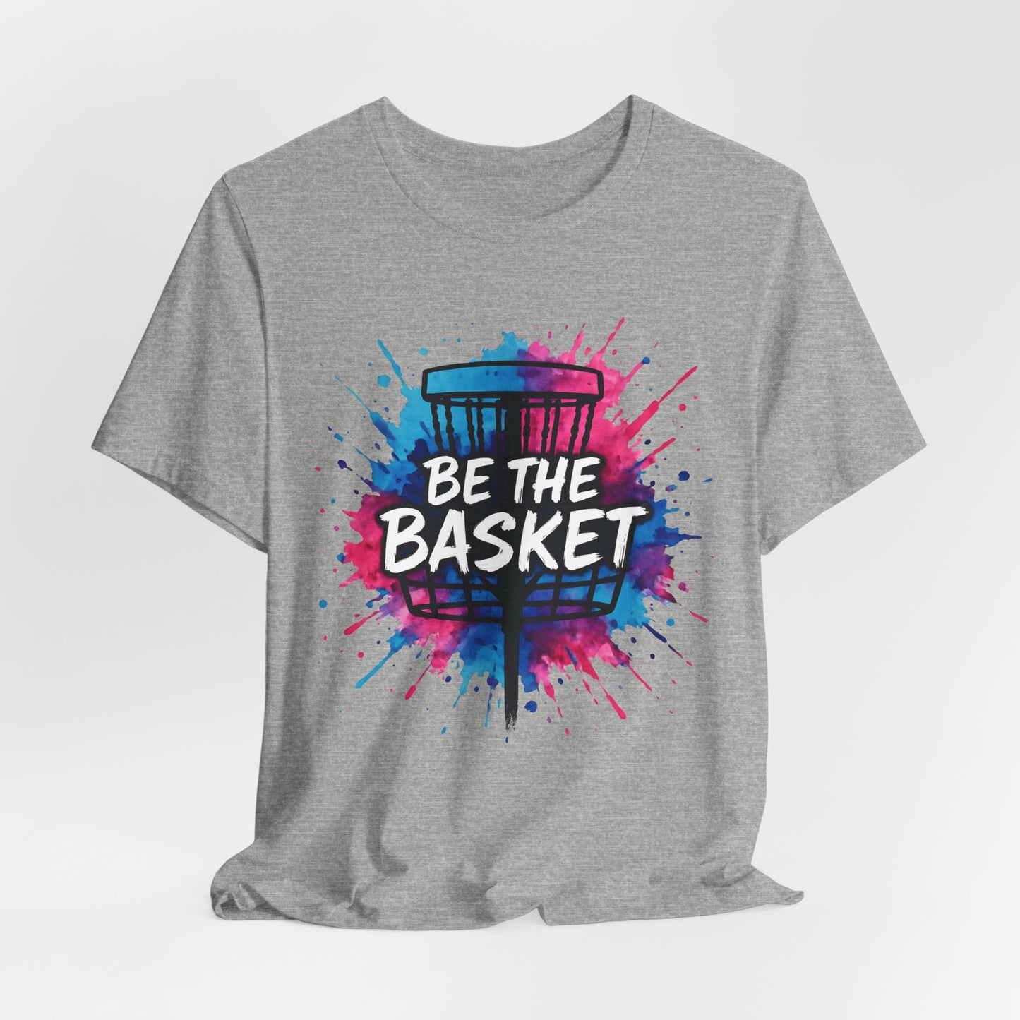 BE THE BASKET Disc Golf Basket Pink Blue Splatter, Disc Golf Unisex T-Shirt