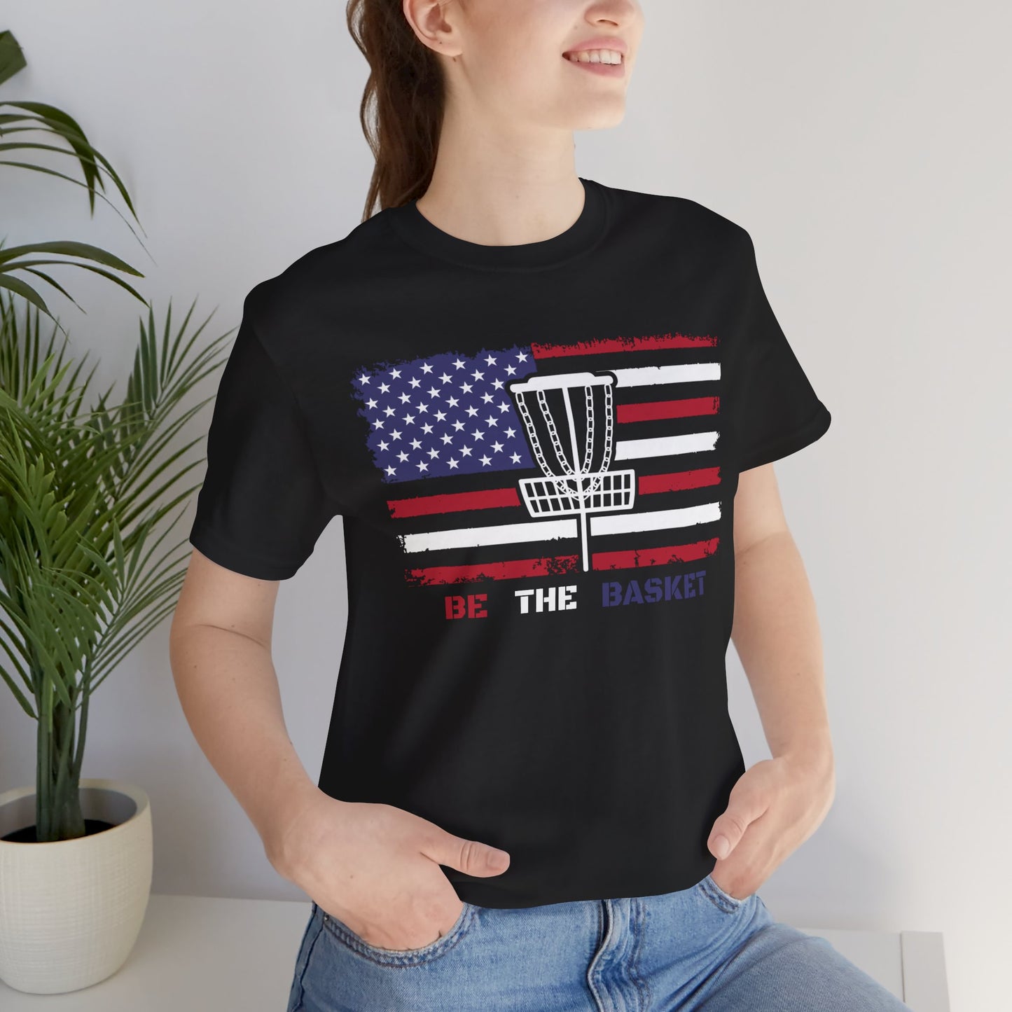 BE THE BASKET Patriotic Disc Golf Unisex T-Shirt, White Basket Design, Disc Golf Shirt