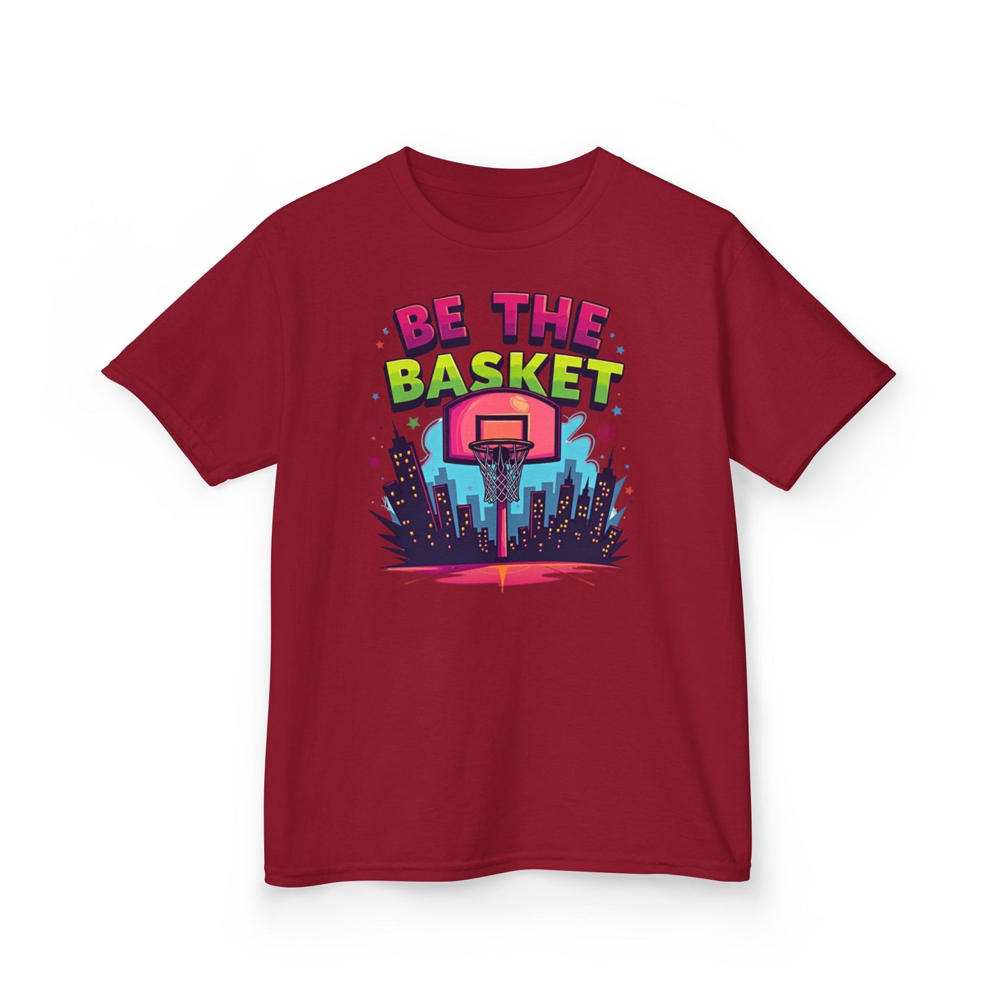 BE THE BASKET Kids Basketball Cityscape Design T-Shirt. Unisex Basketball Shirt