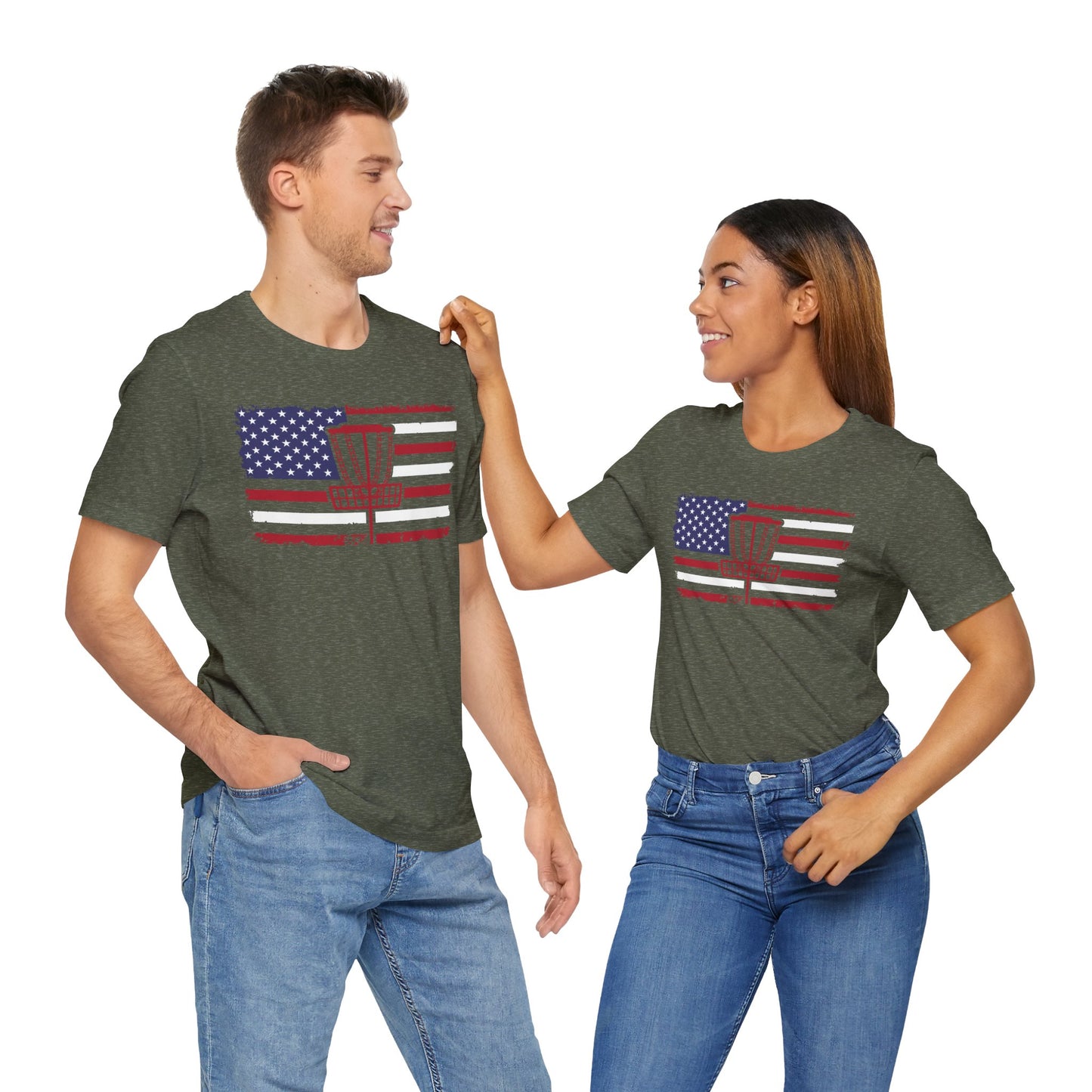 Patriotic Disc Golf Tee, Red Basket, Unisex Jersey Tee, USA Flag Design