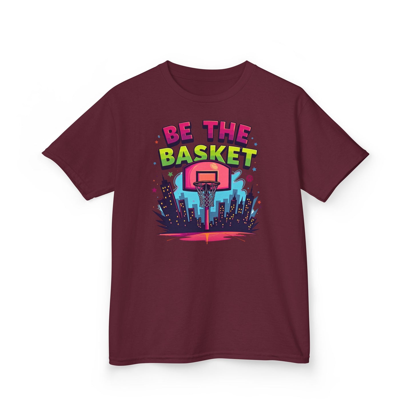 BE THE BASKET Kids Basketball Cityscape Design T-Shirt. Unisex Basketball Shirt