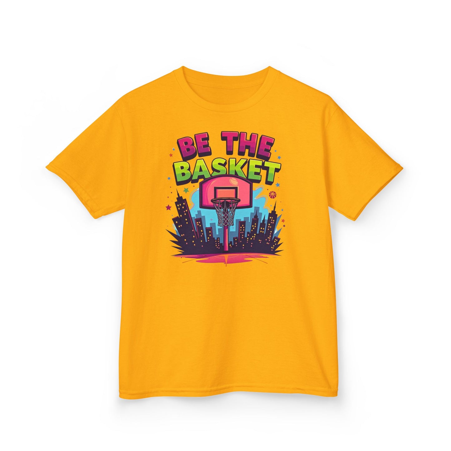 BE THE BASKET Kids Basketball Cityscape Design T-Shirt. Unisex Basketball Shirt