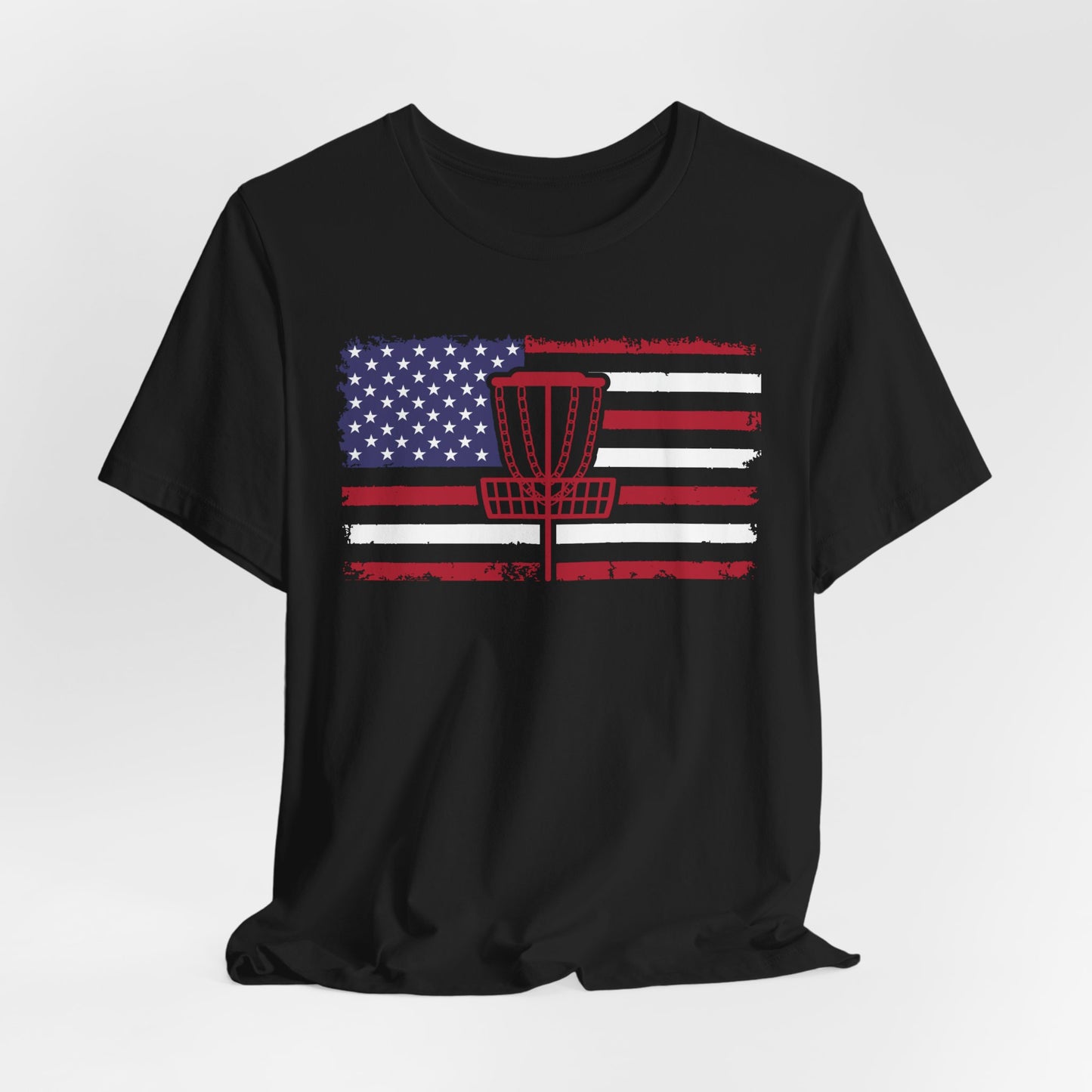 Patriotic Disc Golf Tee, Red Basket, Unisex Jersey Tee, USA Flag Design
