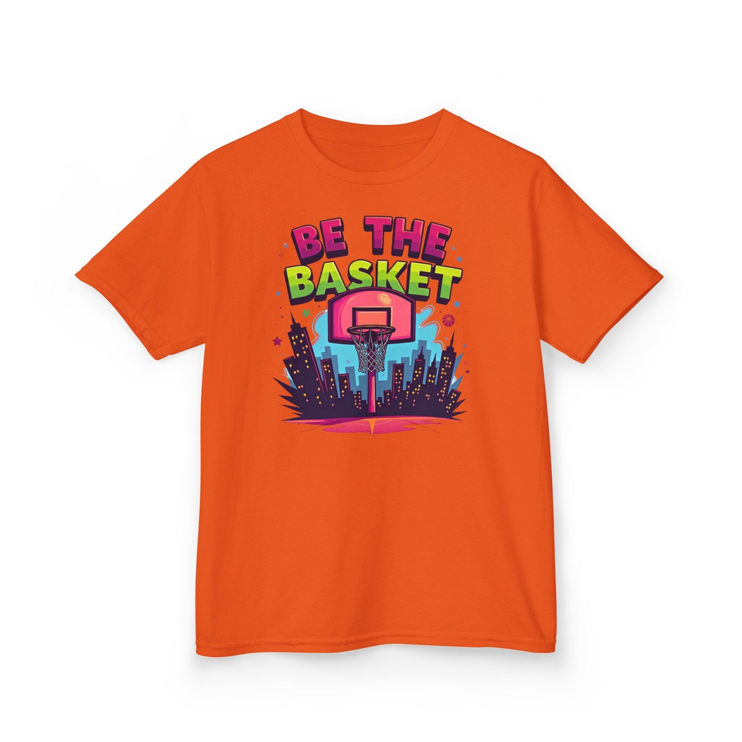 BE THE BASKET Kids Basketball Cityscape Design T-Shirt. Unisex Basketball Shirt