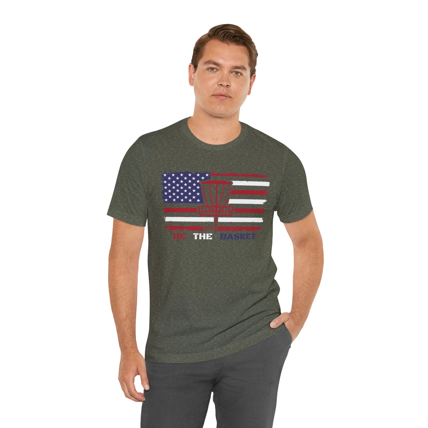 BE THE BASKET Patriotic Disc Golf Tee, Unisex Jersey Tee, Sport Shirt for Disc Golf Lovers, Perfect for Independence Day, Casual Wear