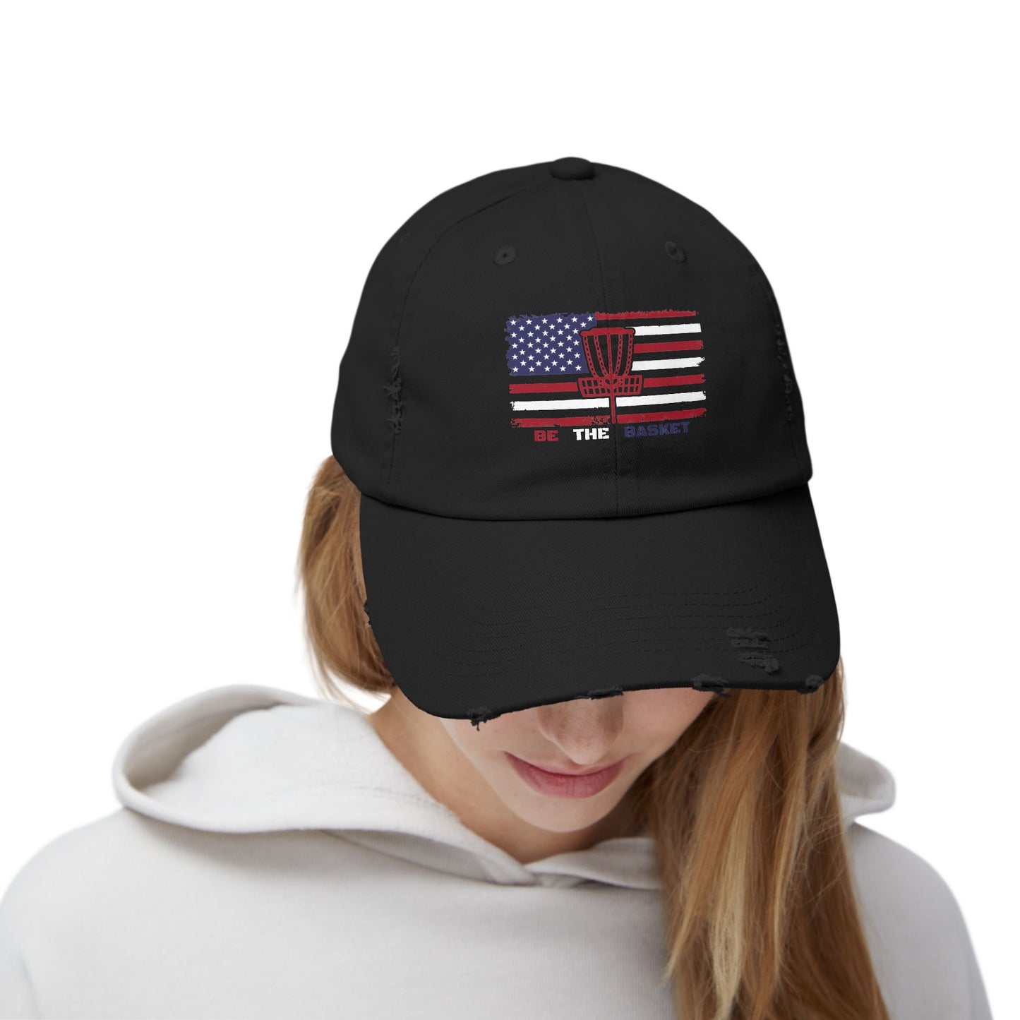 Patriotic Distressed Hat - BE THE BASKET Disc Golf, Unisex Baseball Hat,