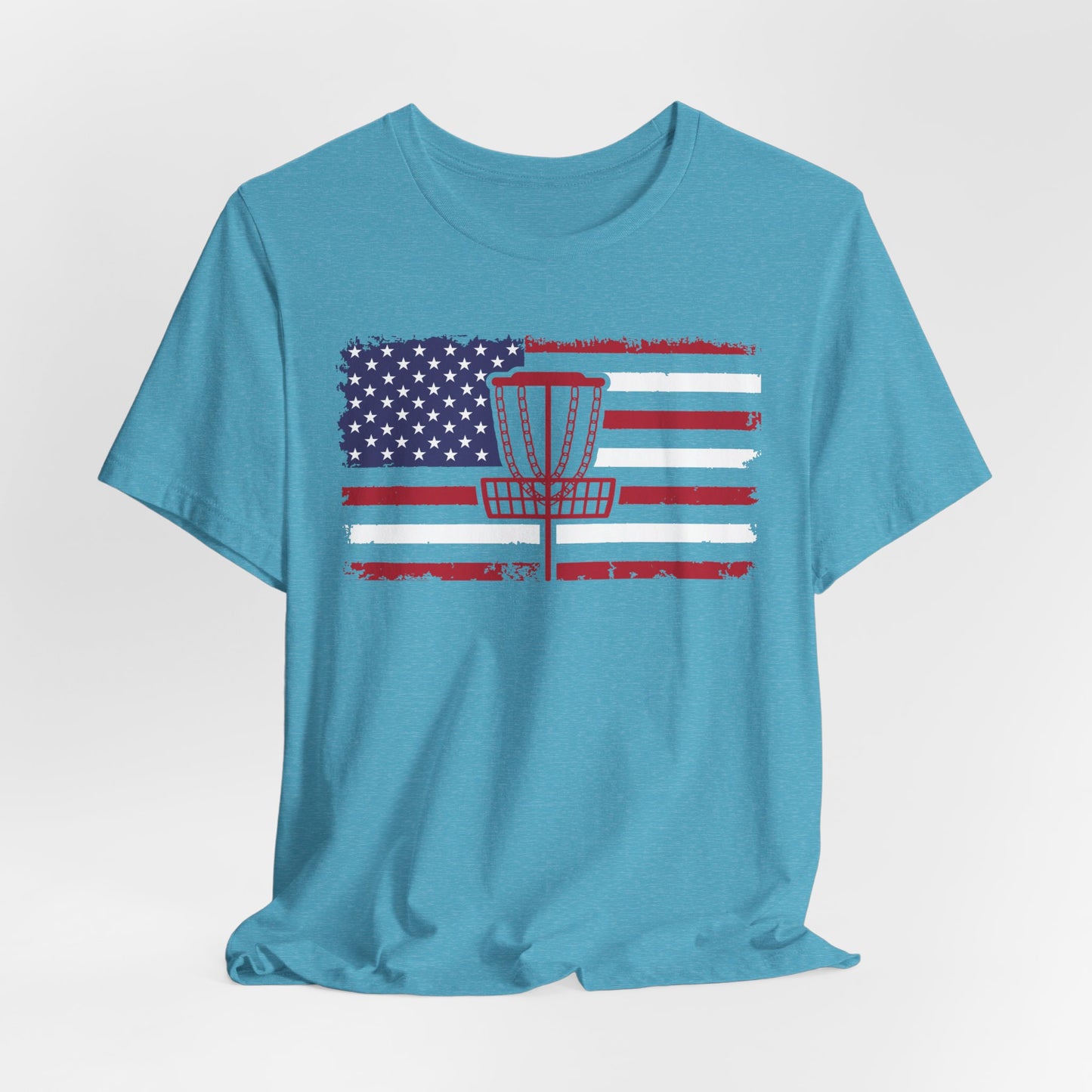 Patriotic Disc Golf Tee, Red Basket, Unisex Jersey Tee, USA Flag Design