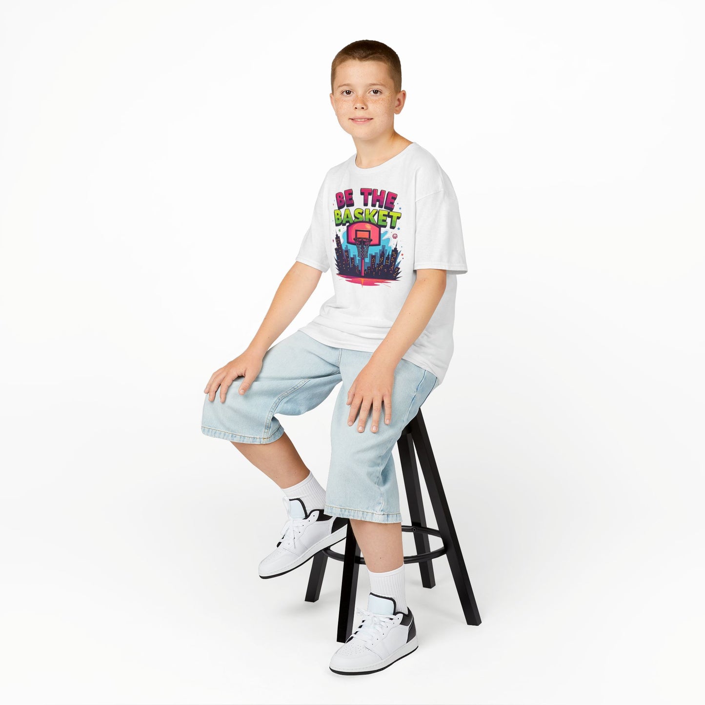 BE THE BASKET Kids Basketball Cityscape Design T-Shirt. Unisex Basketball Shirt