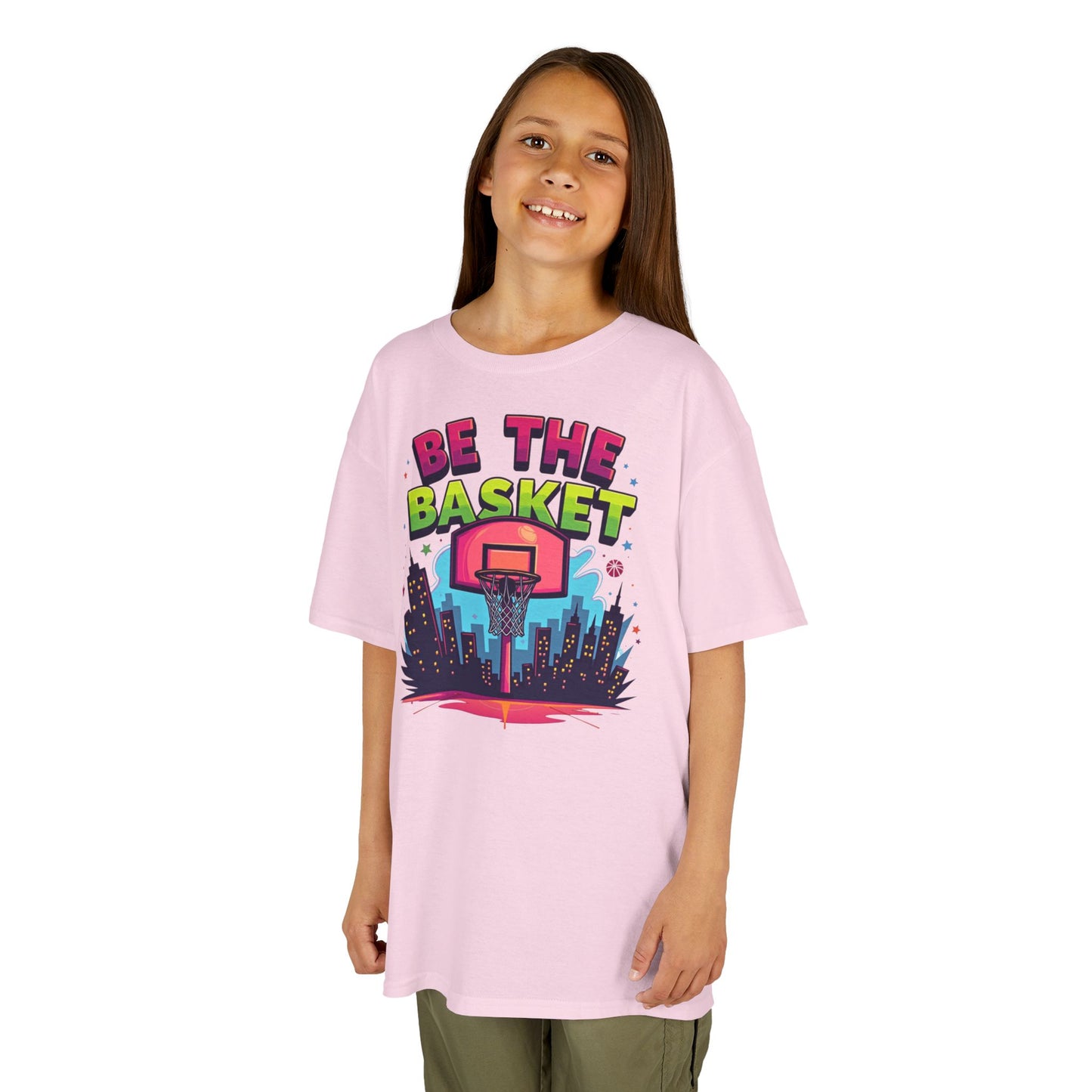 BE THE BASKET Kids Basketball Cityscape Design T-Shirt. Unisex Basketball Shirt