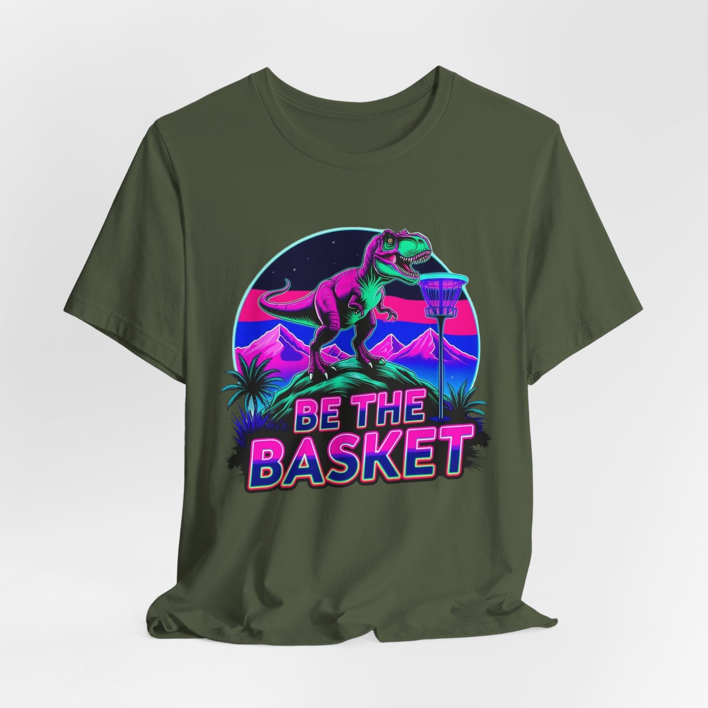 BE THE BASKET Neon T-REx Disc Golf Shirt, Unisex Disc Golf T-Shirt