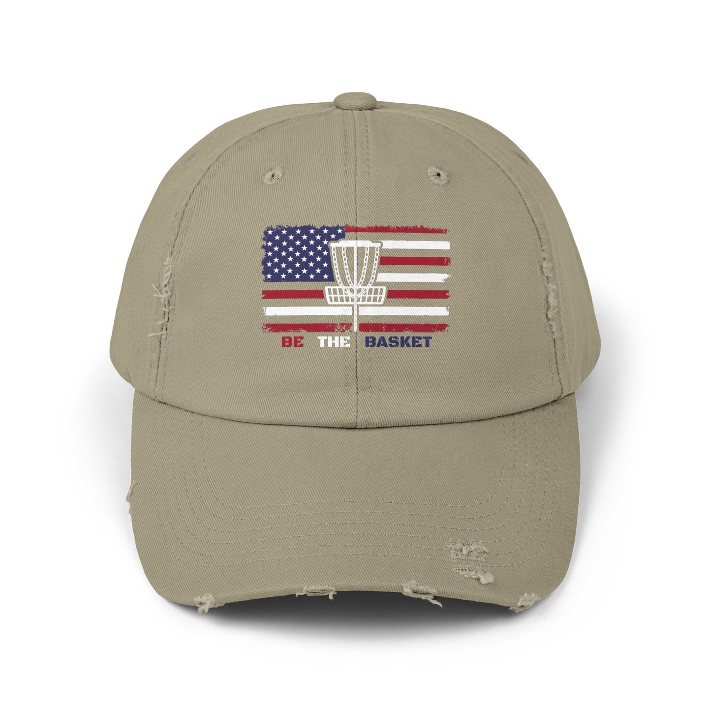 BE THE BASKET Patriotic Distressed Unisex Baseball Hat, White Basket Design, Disc Golf Hat