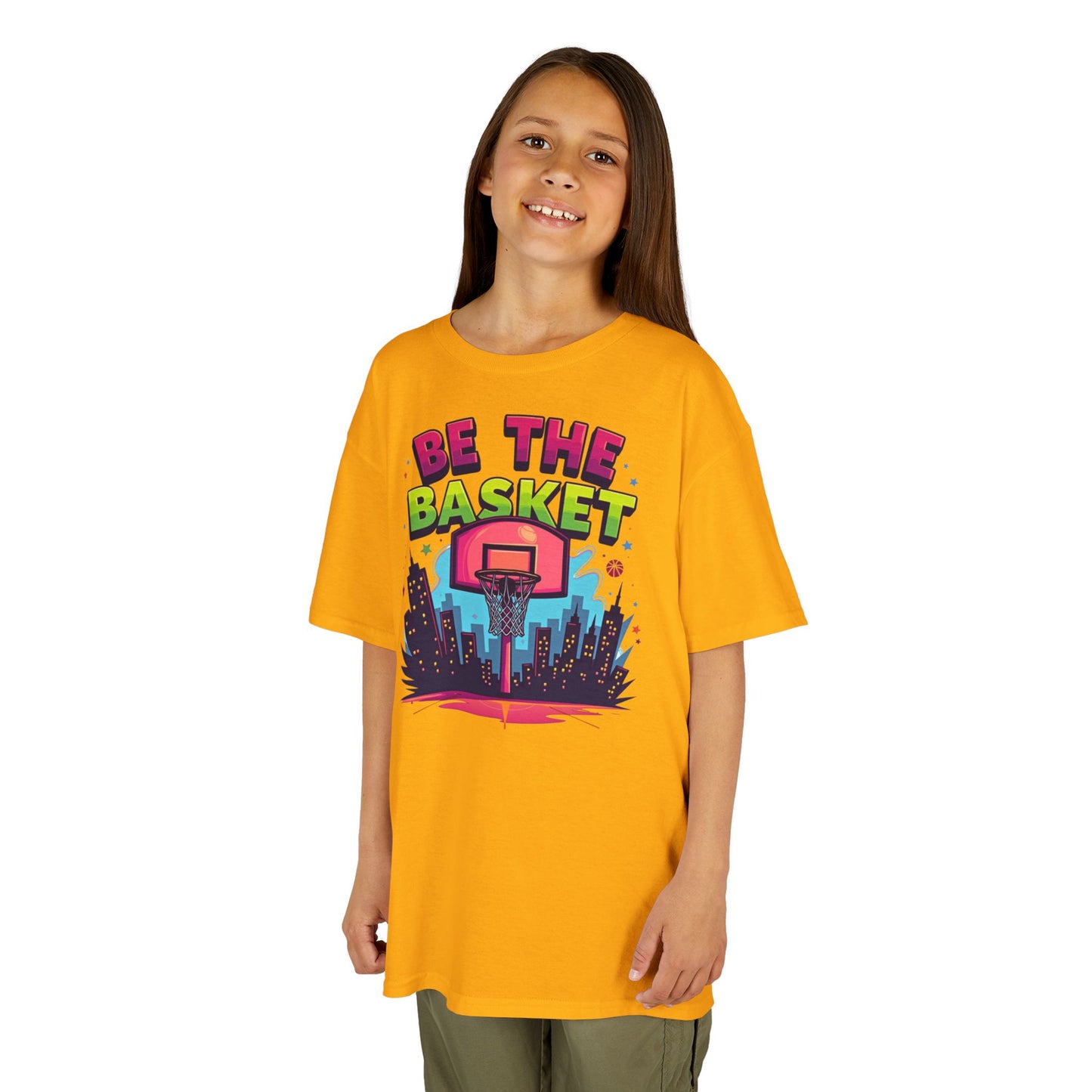 BE THE BASKET Kids Basketball Cityscape Design T-Shirt.  Unisex Basketball Shirt