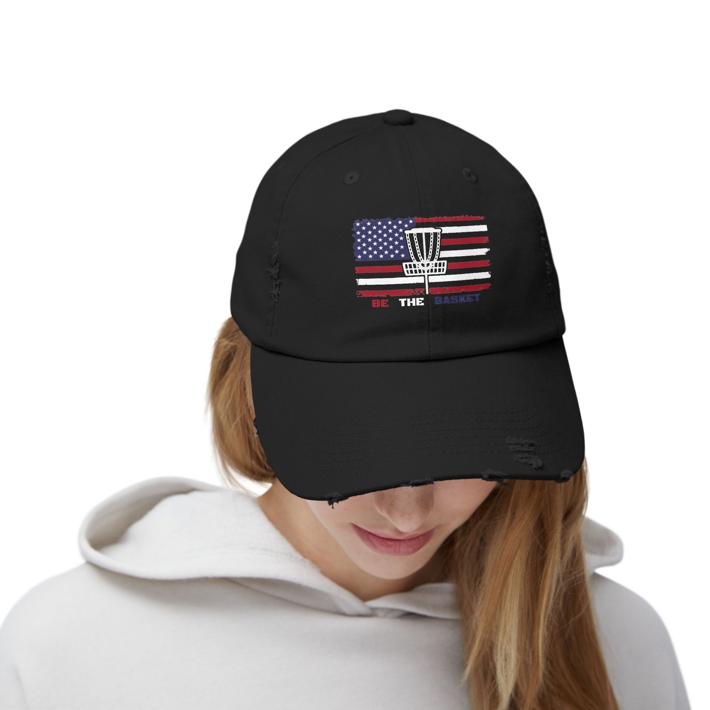 BE THE BASKET Patriotic Distressed Unisex Baseball Hat, White Basket Design, Disc Golf Hat