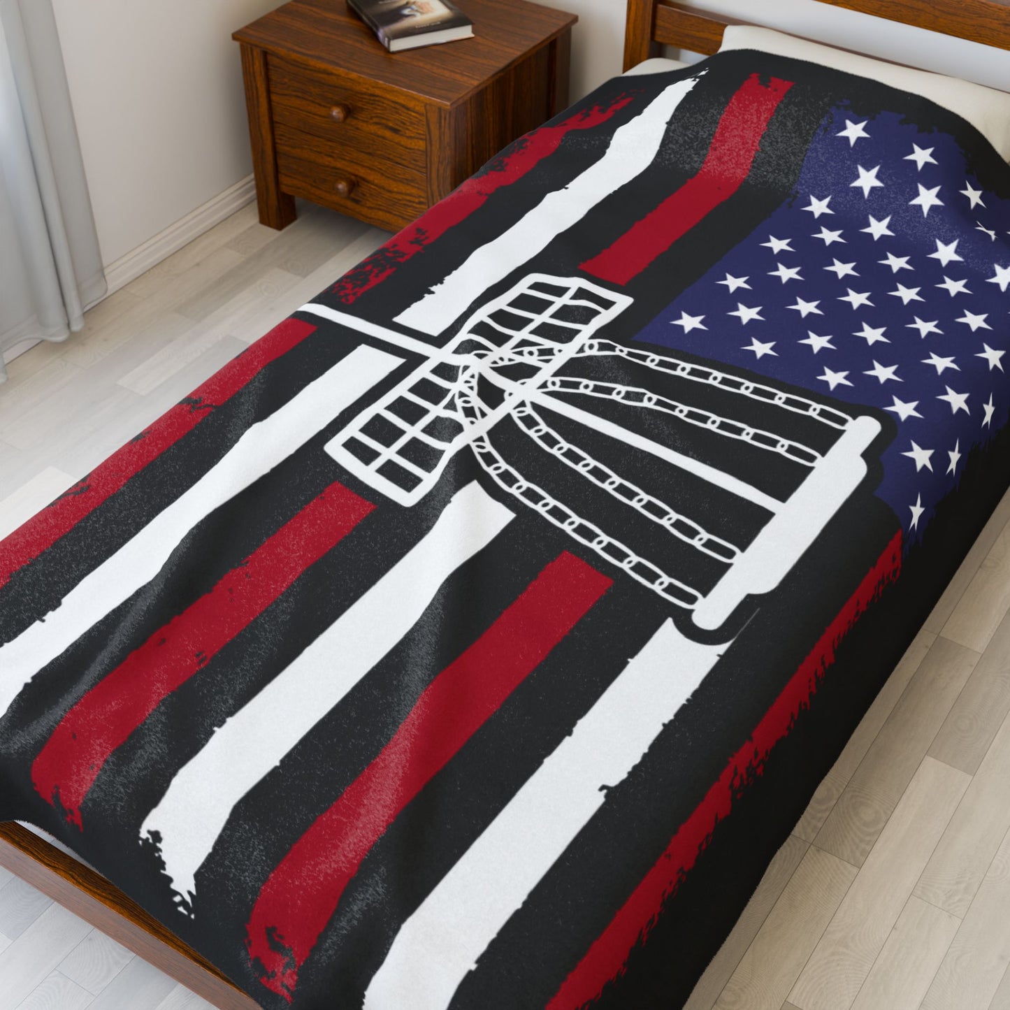 BE THE BASKET PATRIOTIC DISC GOLF Velveteen Plush Blanket, White Basket Design, Disc Golf Blanket