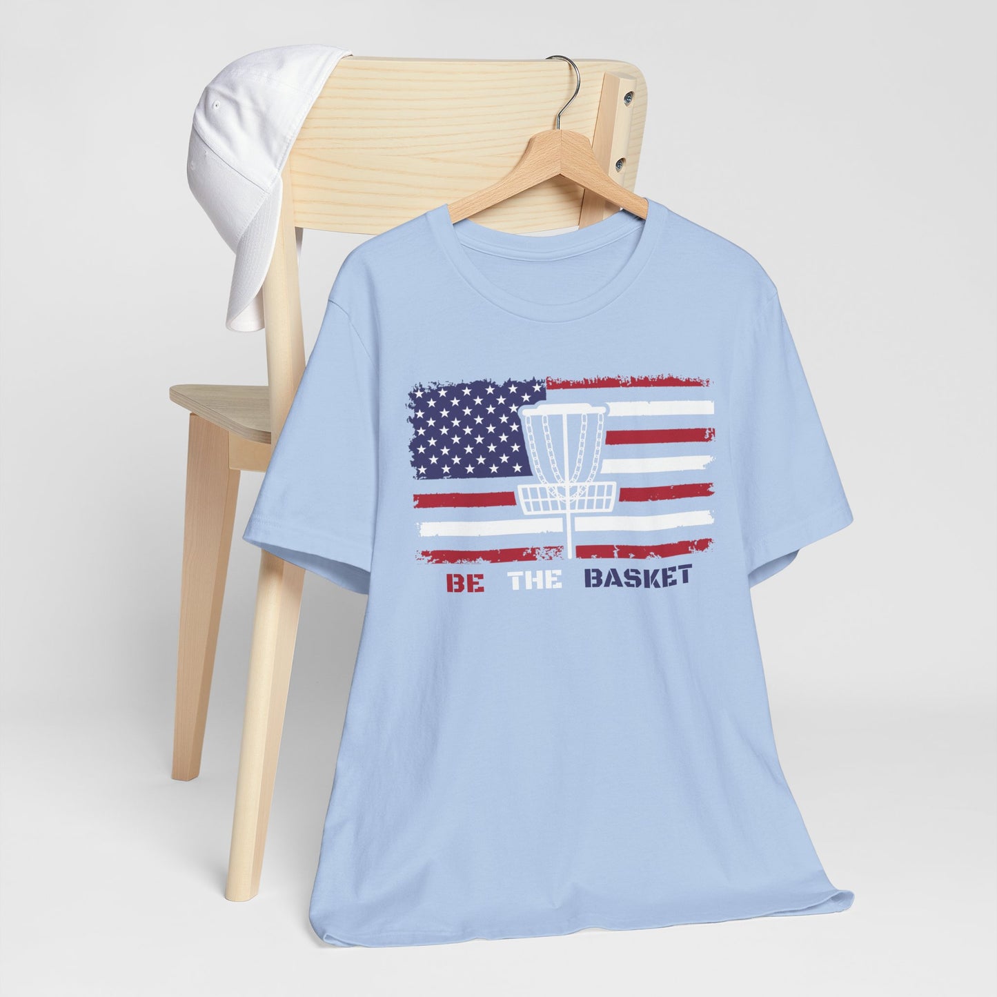 BE THE BASKET Patriotic Disc Golf Unisex T-Shirt, White Basket Design, Disc Golf Shirt