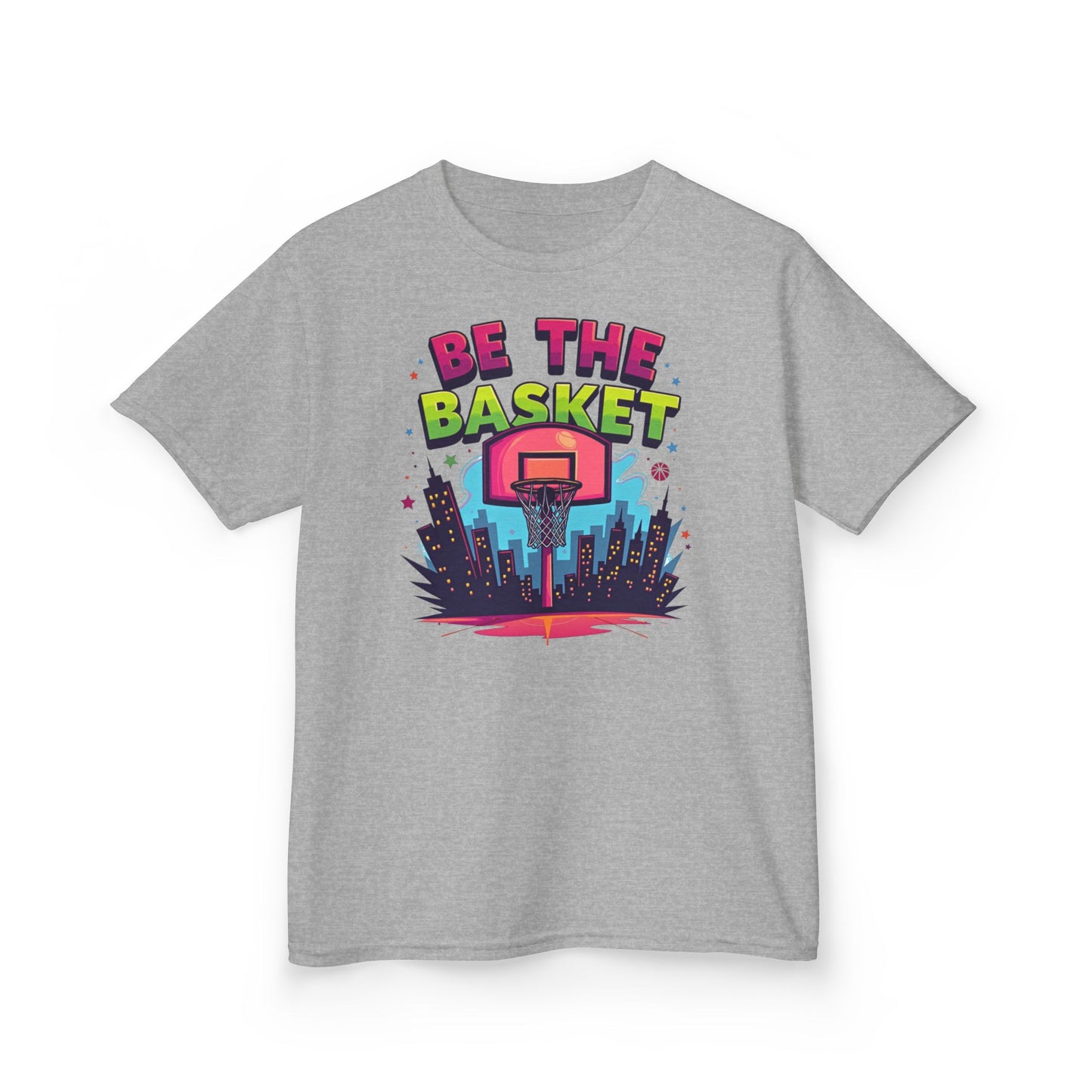 BE THE BASKET Kids Basketball Cityscape Design T-Shirt.  Unisex Basketball Shirt