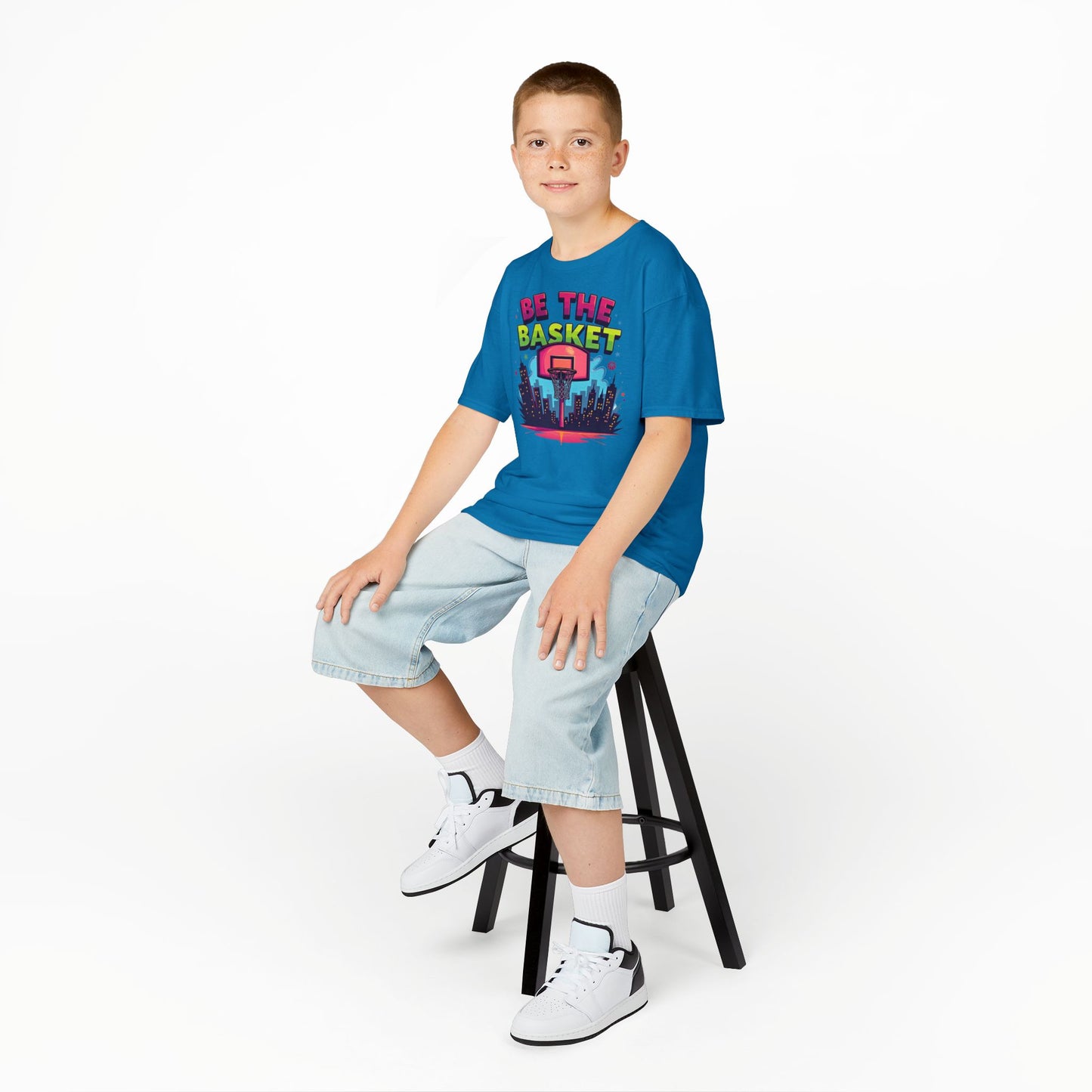 BE THE BASKET Kids Basketball Cityscape Design T-Shirt.  Unisex Basketball Shirt