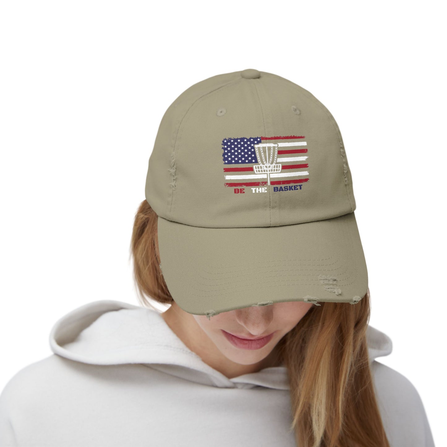 BE THE BASKET Patriotic Distressed Unisex Baseball Hat, White Basket Design, Disc Golf Hat