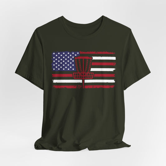 Patriotic Disc Golf Tee, Red Basket, Unisex Jersey Tee, USA Flag Design