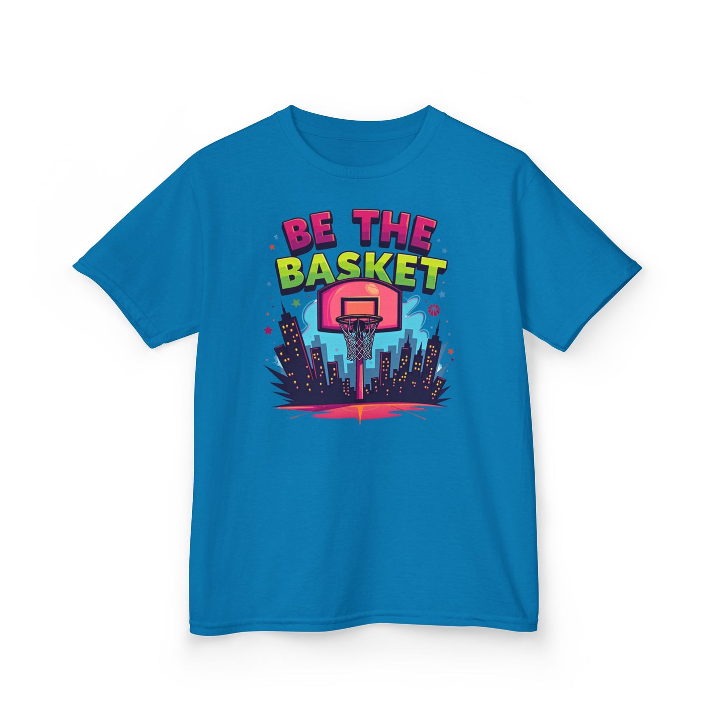 BE THE BASKET Kids Basketball Cityscape Design T-Shirt.  Unisex Basketball Shirt