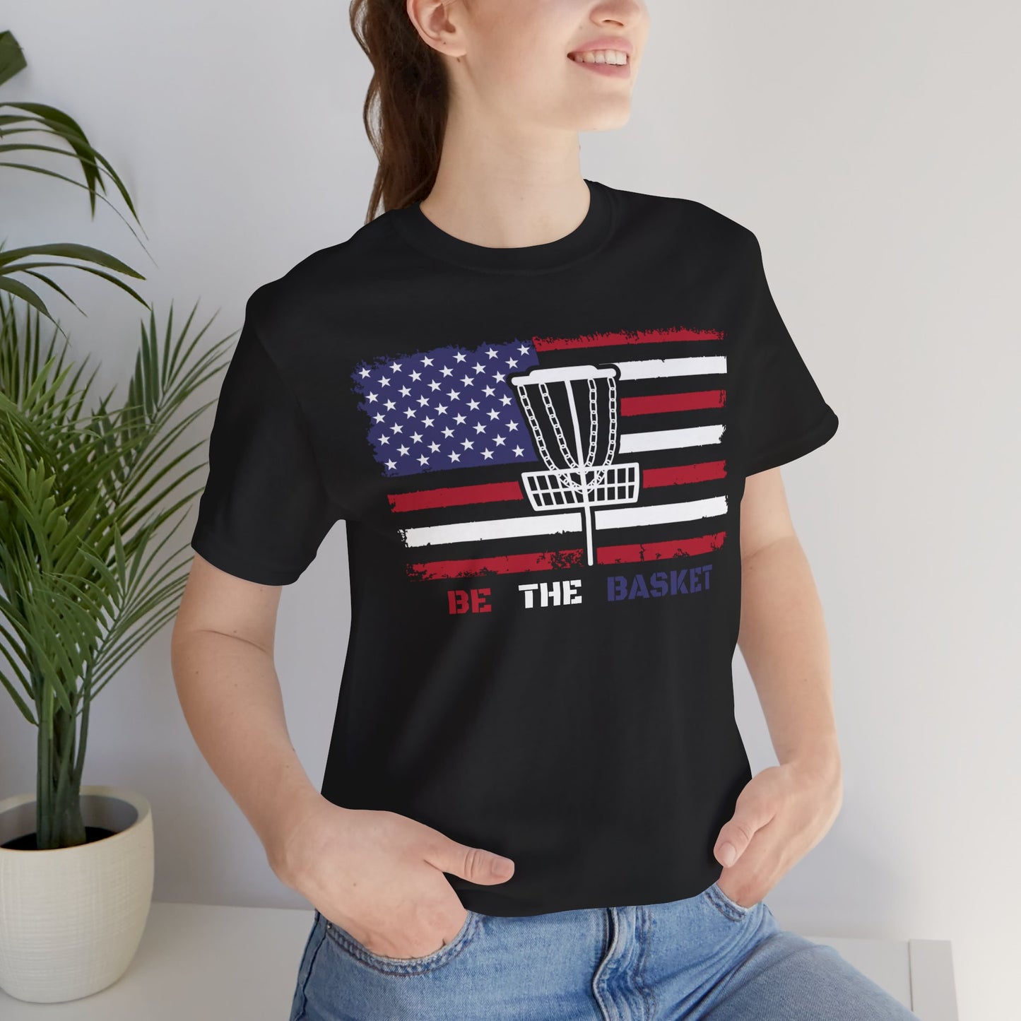 BE THE BASKET Patriotic Disc Golf Unisex T-Shirt, White Basket Design, Disc Golf Shirt